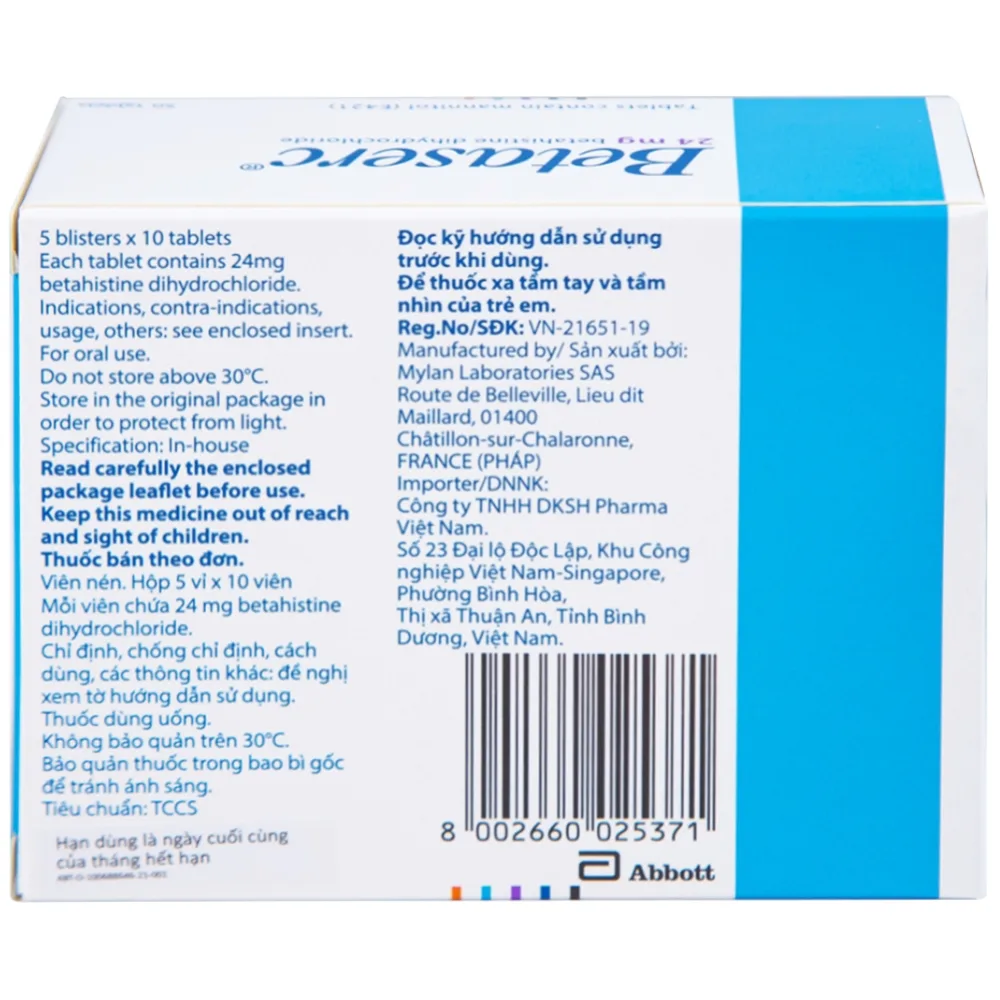 Hình ảnh Thuốc Betaserc 24mg Abbott điều trị hội chứng Meniere (5 vỉ x 10 viên)