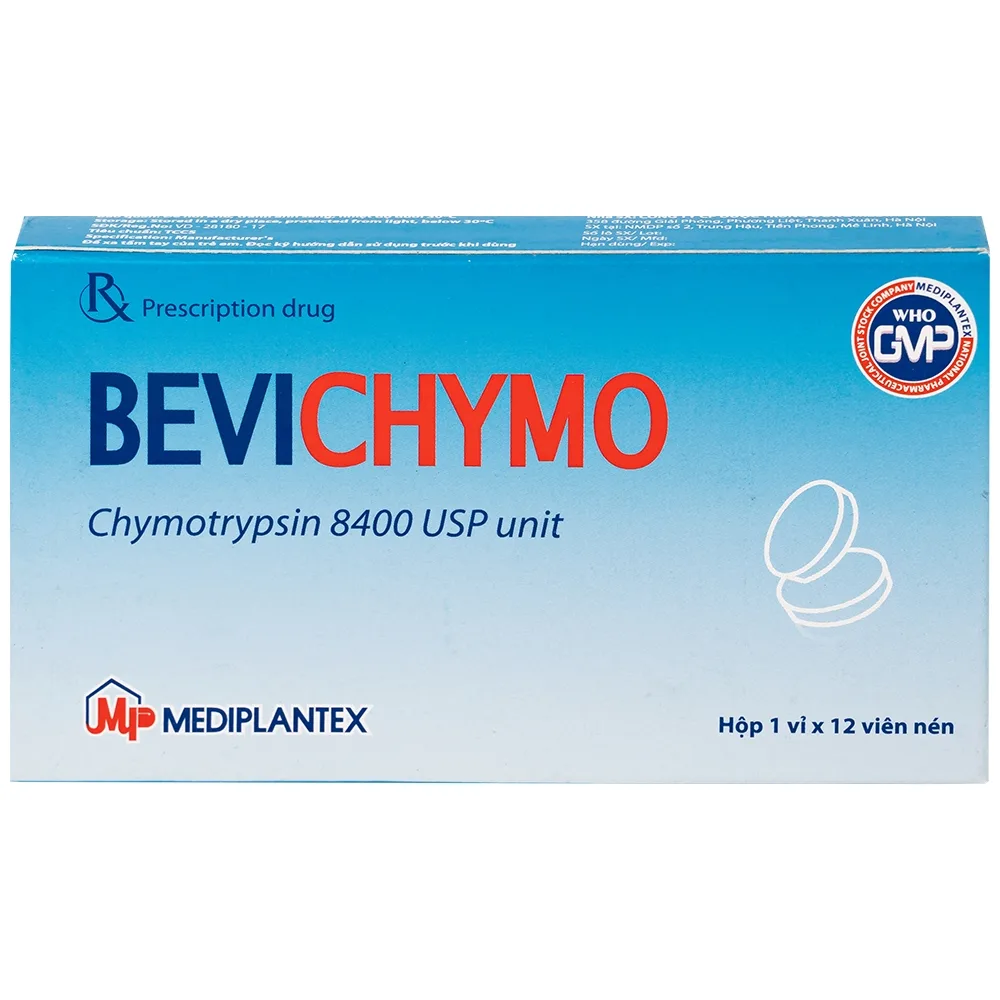 Hình ảnh Thuốc Bevichymo Chymotrypsin 8400 Usp Mediplantex giảm đau, hạ sốt và kháng viêm (1 vỉ x 12 viên)