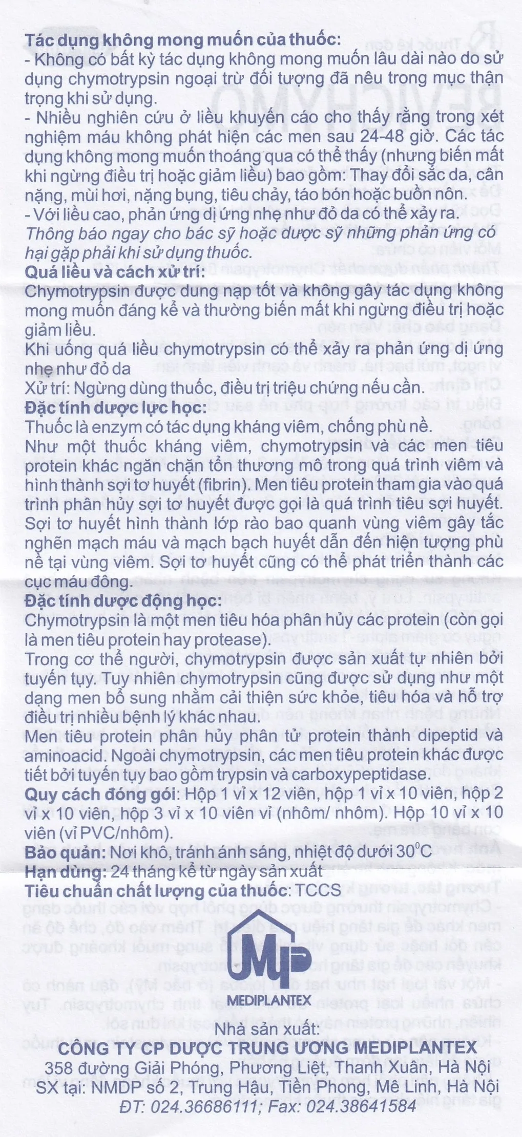Hình ảnh Thuốc Bevichymo Chymotrypsin 8400 Usp Mediplantex giảm đau, hạ sốt và kháng viêm (1 vỉ x 12 viên)
