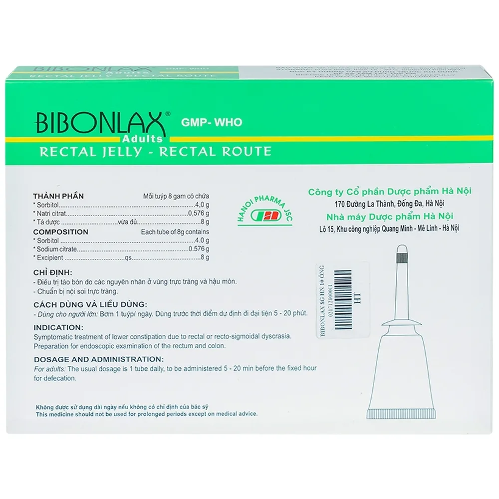 Hình ảnh Gel dùng đường trực tràng Bibonlax Adults Hanoi Pharma điều trị táo bón (10 ống x 8g)