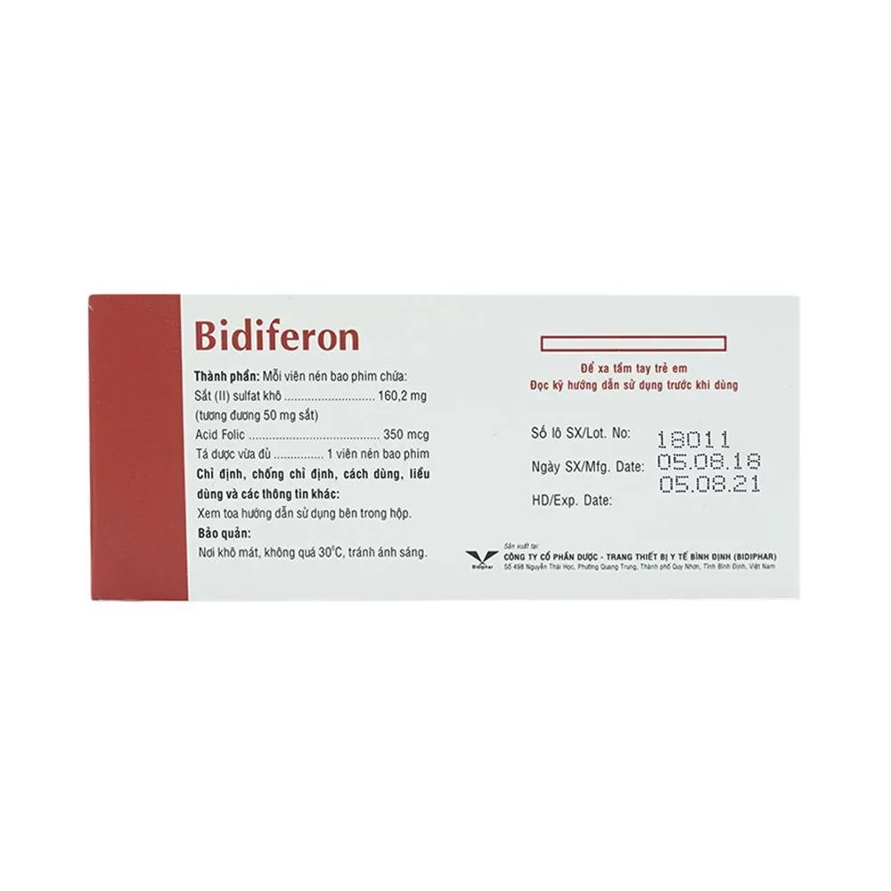 Hình ảnh Thuốc Bidiferon điều trị dự phòng thiếu sắt và acid folic (10 vỉ x 10 viên)