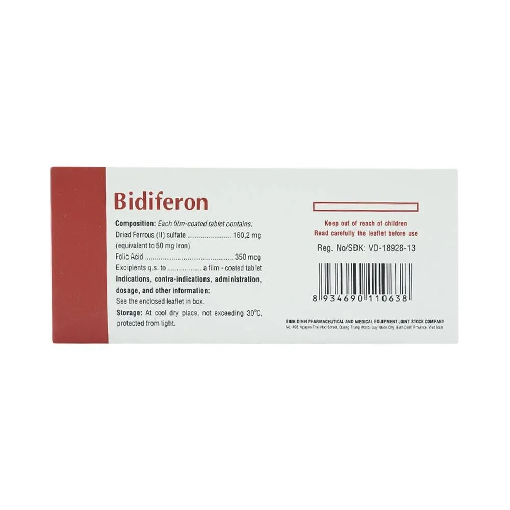 Hình ảnh Thuốc Bidiferon điều trị dự phòng thiếu sắt và acid folic (10 vỉ x 10 viên)