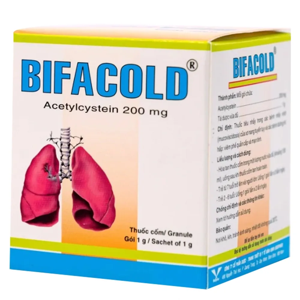 Hình ảnh Thuốc cốm Bifacold 200mg Bidiphar tiêu nhầy trong bệnh xơ nang tuyến tụy, viêm phế quản (30 gói) 