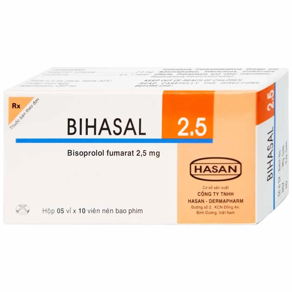 Hình ảnh Thuốc Bihasal 2.5 Hasan điều trị tăng huyết áp, đau thắt ngực, suy tim mạn tính ổn định (5 vỉ x 10 viên)