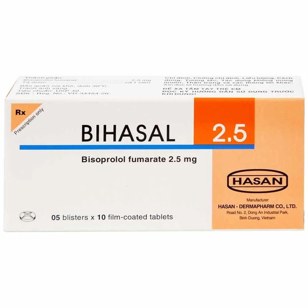 Hình ảnh Thuốc Bihasal 2.5 Hasan điều trị tăng huyết áp, đau thắt ngực, suy tim mạn tính ổn định (5 vỉ x 10 viên)