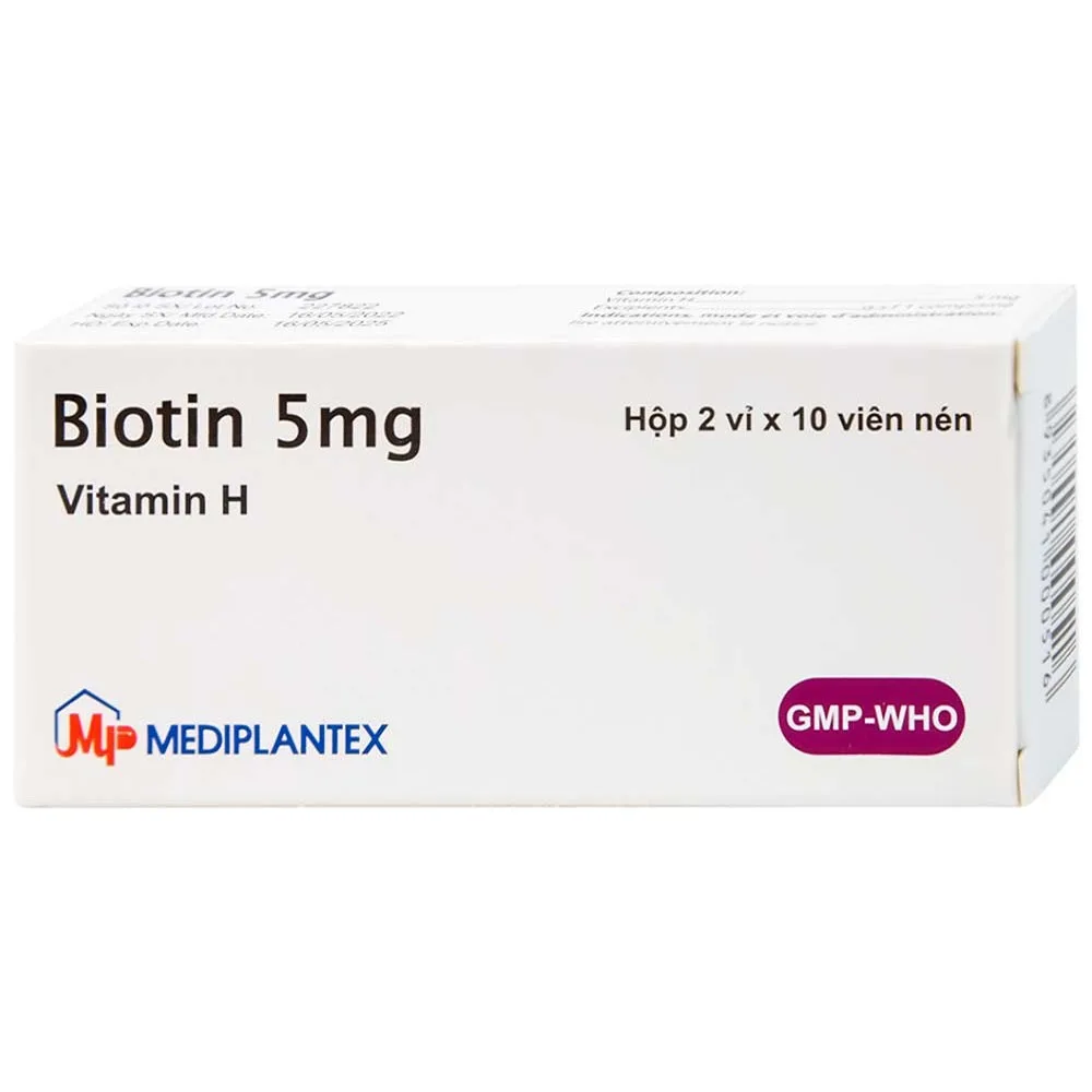 Hình ảnh Thuốc Biotin 5mg Mediplantex điều trị thiếu hụt biotin (2 vỉ x 10 viên)