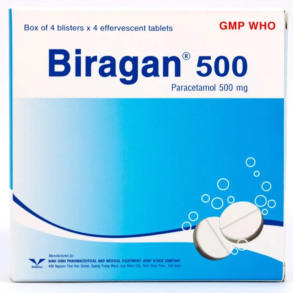 Hình ảnh Viên sủi Biragan 500 Bidiphar hạ sốt, giảm đau trong cảm lạnh, cảm cúm, đau đầu (4 vỉ x 4 viên)