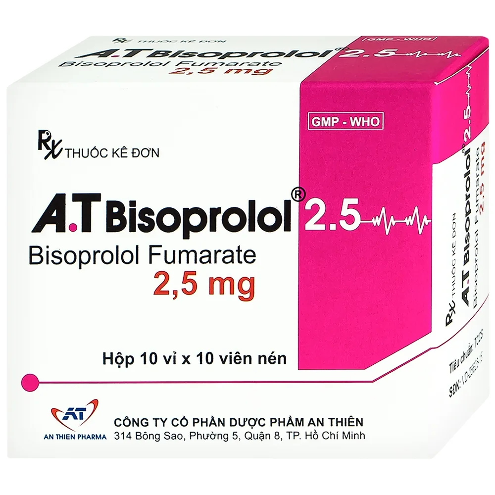 Hình ảnh Thuốc A.T Bisoprolol 2.5mg An Thiên điều trị suy tim mạn tính ổn định (10 vỉ x 10 viên)