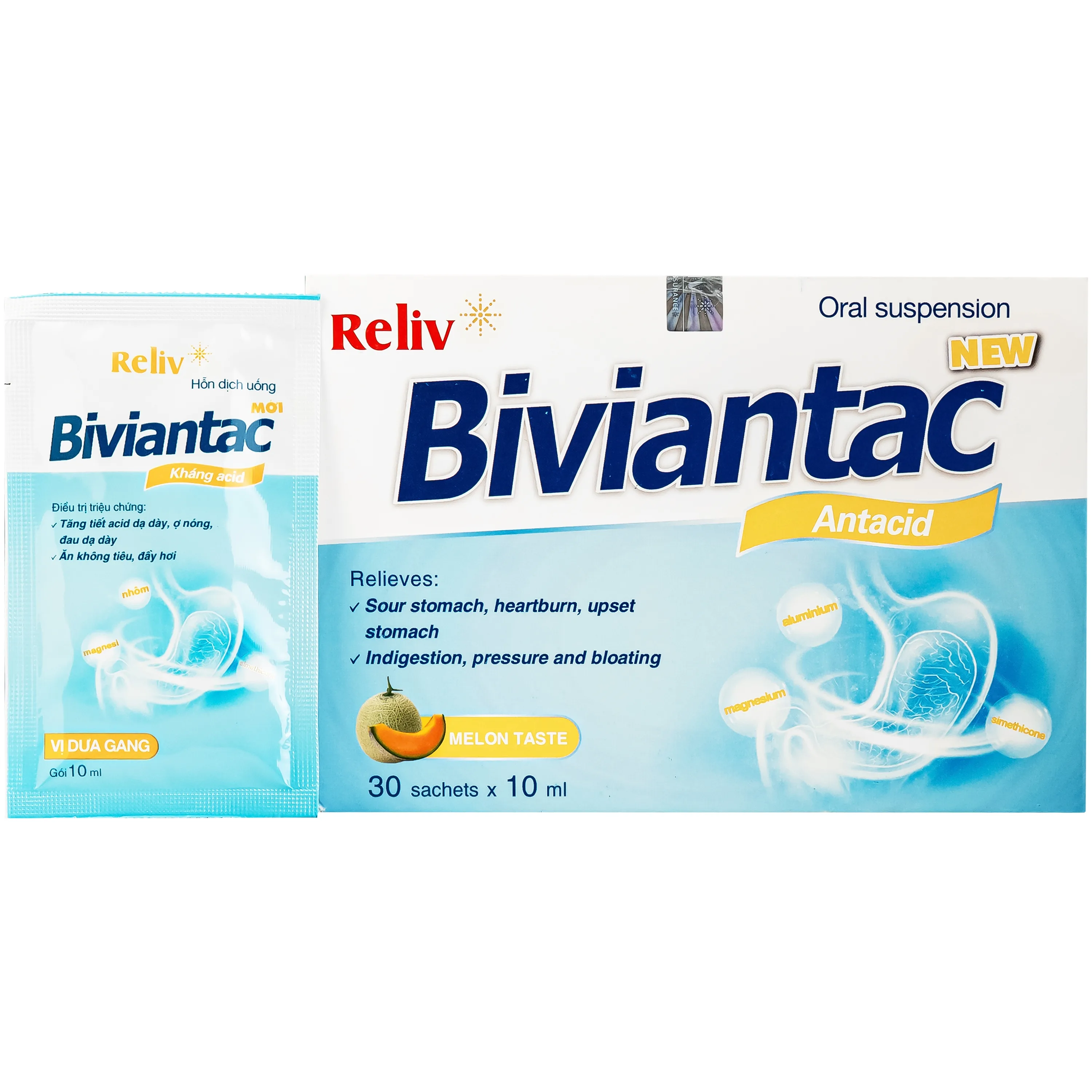 Hình ảnh Hỗn dịch uống Biviantac kháng acid vị dưa gang Reliv (30 gói x 10ml)