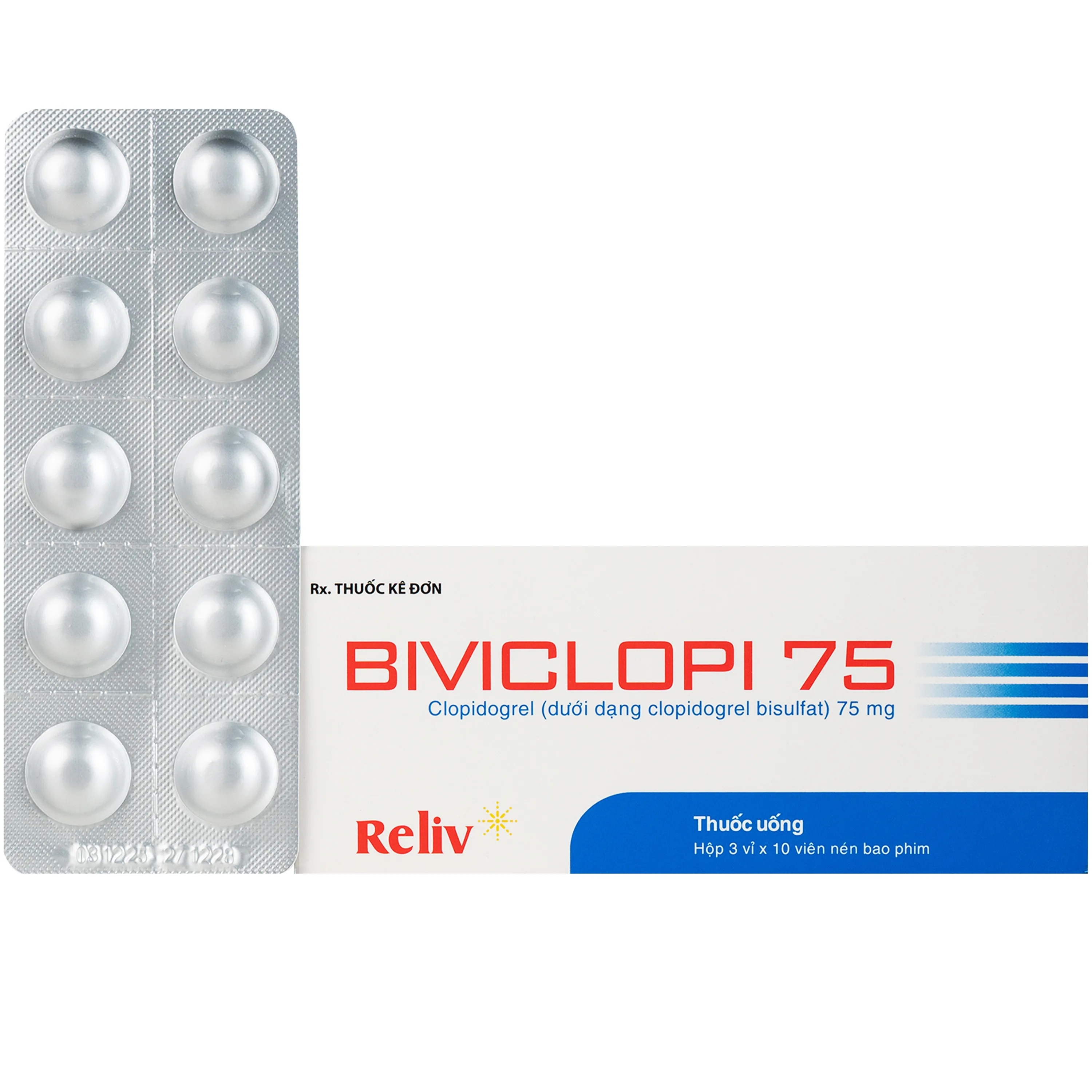 Hình ảnh Thuốc Biviclopi 75mg Reliv chỉ định để dự phòng và giảm nguy cơ xuất hiện các biến cố do xơ vữa động mạch hoặc thuyên tắc huyết khối (3 vỉ x 10 viên)