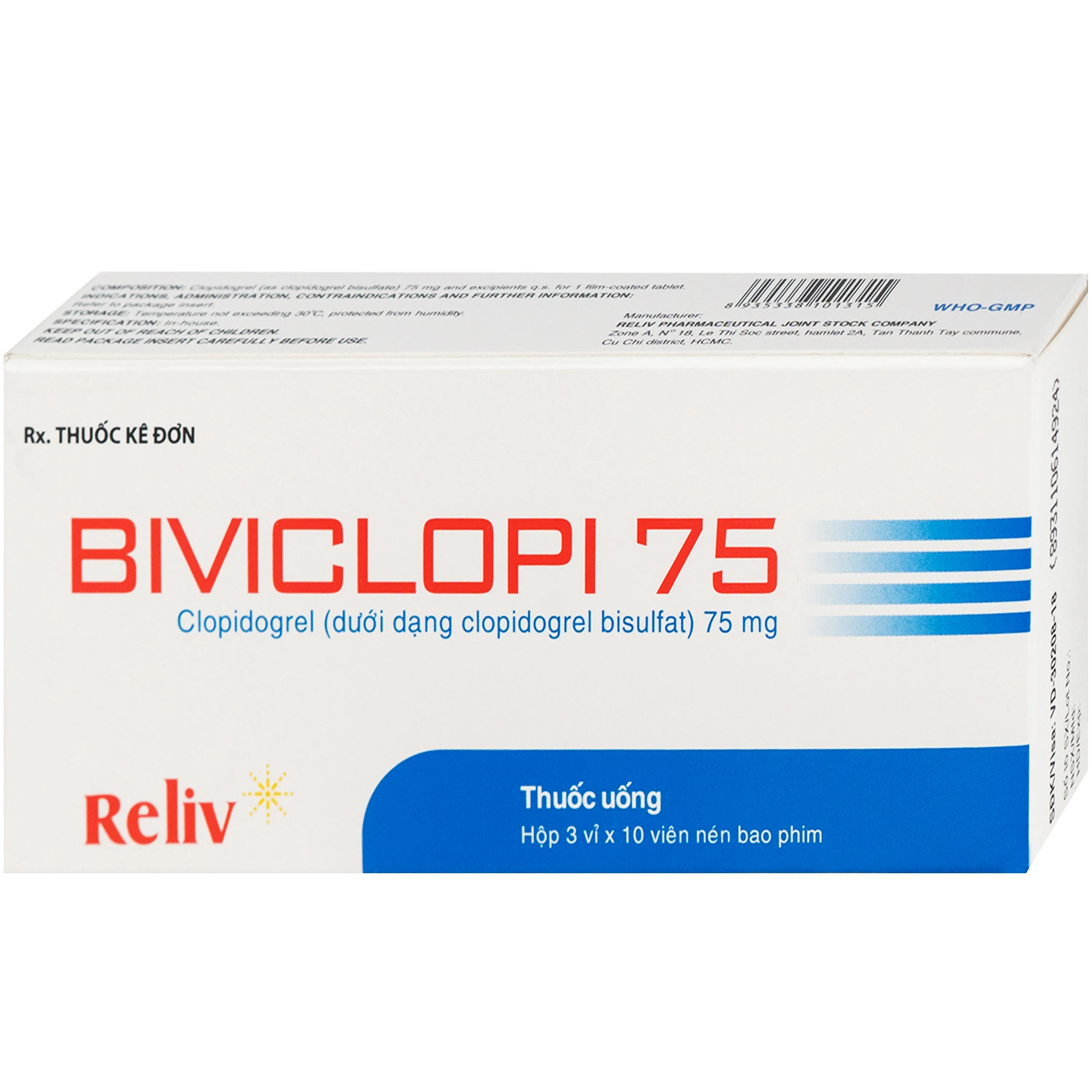 Hình ảnh Thuốc Biviclopi 75mg Reliv chỉ định để dự phòng và giảm nguy cơ xuất hiện các biến cố do xơ vữa động mạch hoặc thuyên tắc huyết khối (3 vỉ x 10 viên)
