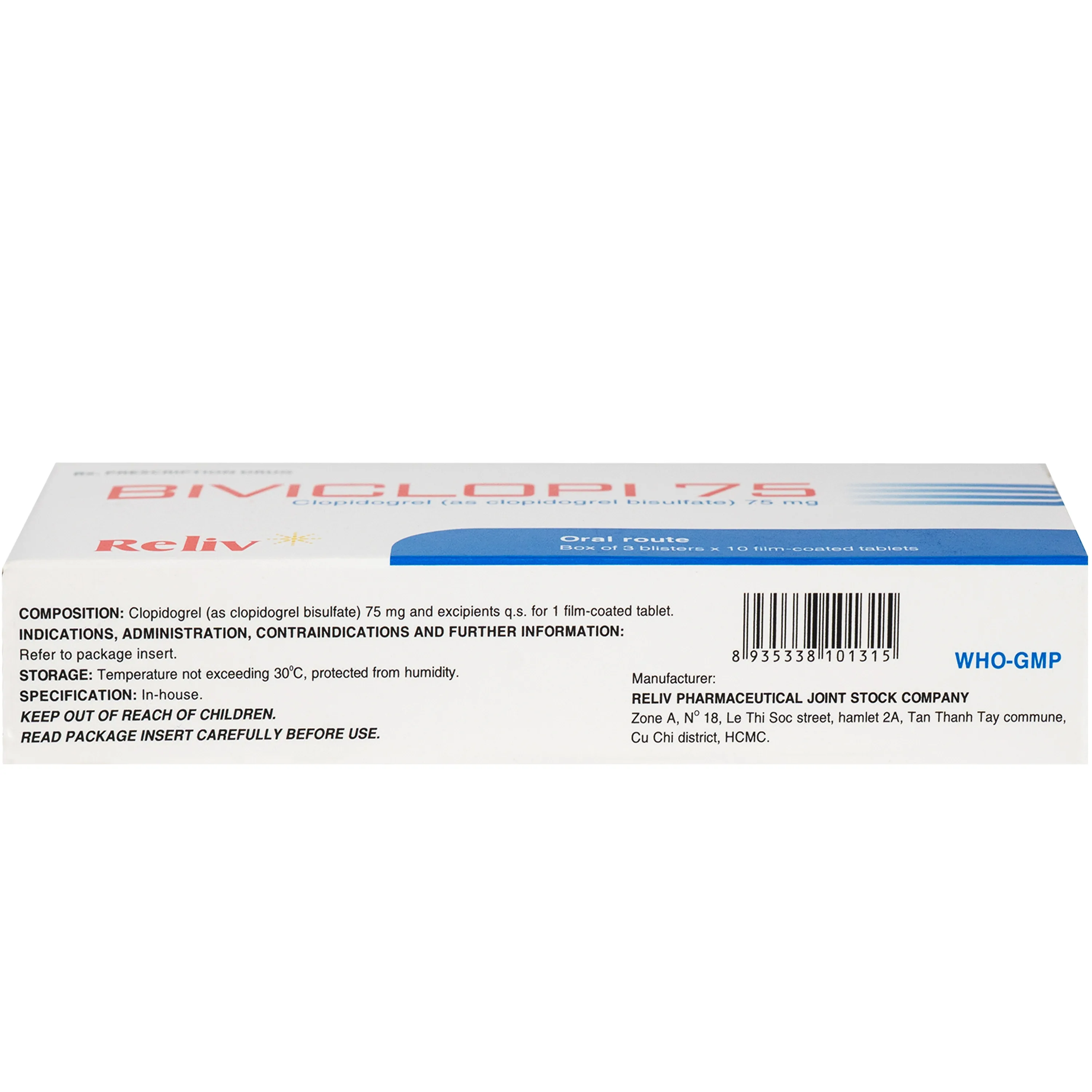 Hình ảnh Thuốc Biviclopi 75mg Reliv chỉ định để dự phòng và giảm nguy cơ xuất hiện các biến cố do xơ vữa động mạch hoặc thuyên tắc huyết khối (3 vỉ x 10 viên)