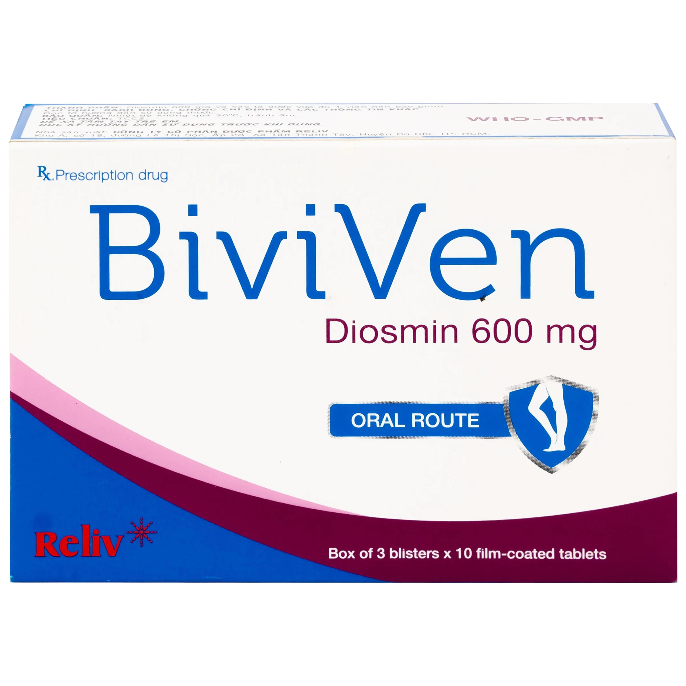 Hình ảnh Thuốc BiviVen 600mg Reliv hỗ trợ cải thiện triệu chứng suy tuần hoàn tĩnh mạch bạch huyết (3 vỉ x 10 viên)
