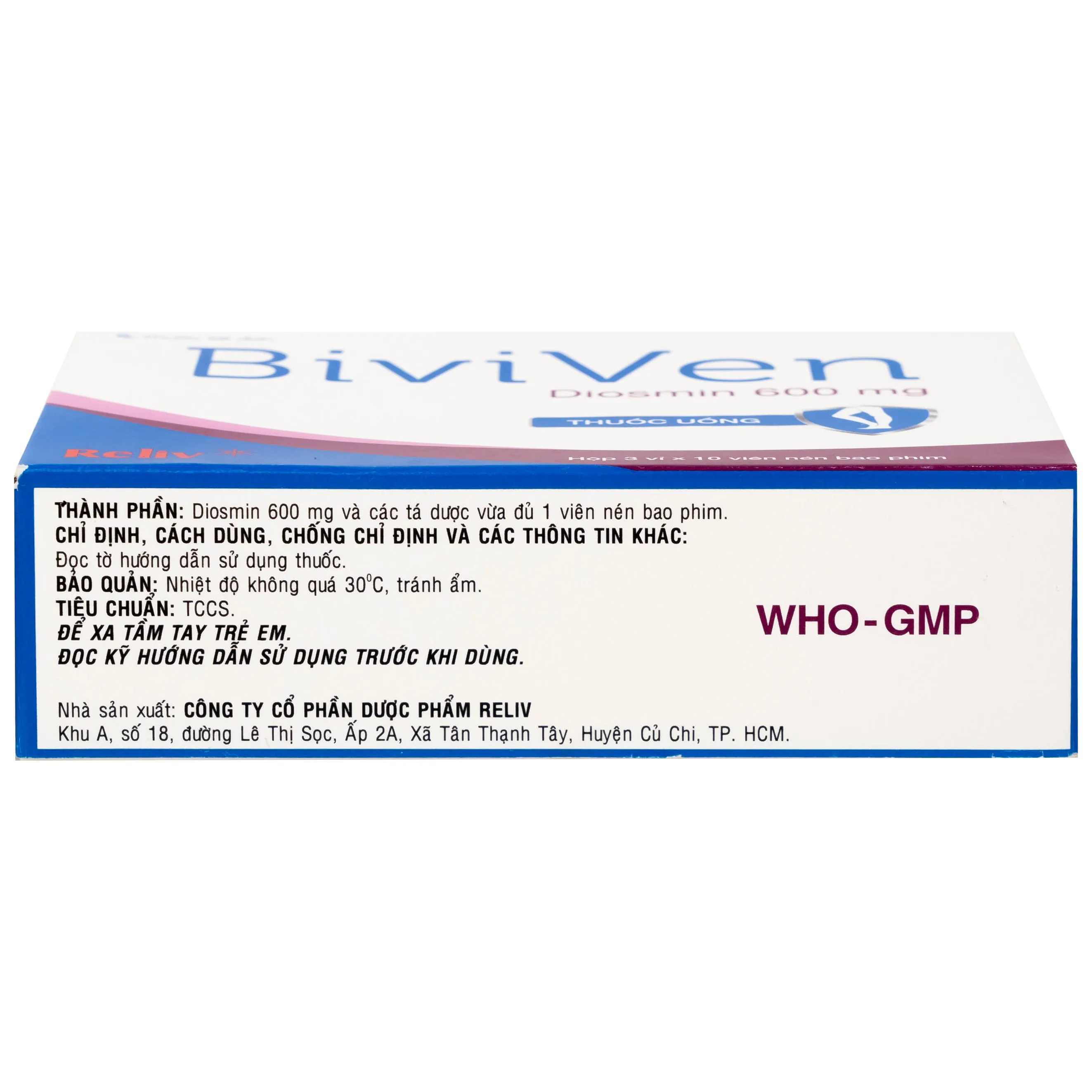 Hình ảnh Thuốc BiviVen 600mg Reliv hỗ trợ cải thiện triệu chứng suy tuần hoàn tĩnh mạch bạch huyết (3 vỉ x 10 viên)
