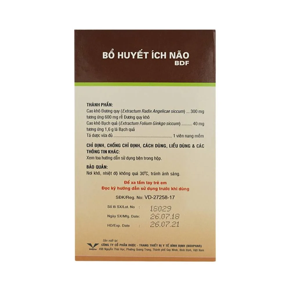 Hình ảnh Thuốc Bổ Huyết Ích Não Bidiphar điều trị giảm trị nhớ, kém tập trung, thiểu năng tuần hoàn não (6 vỉ x 10 viên)
