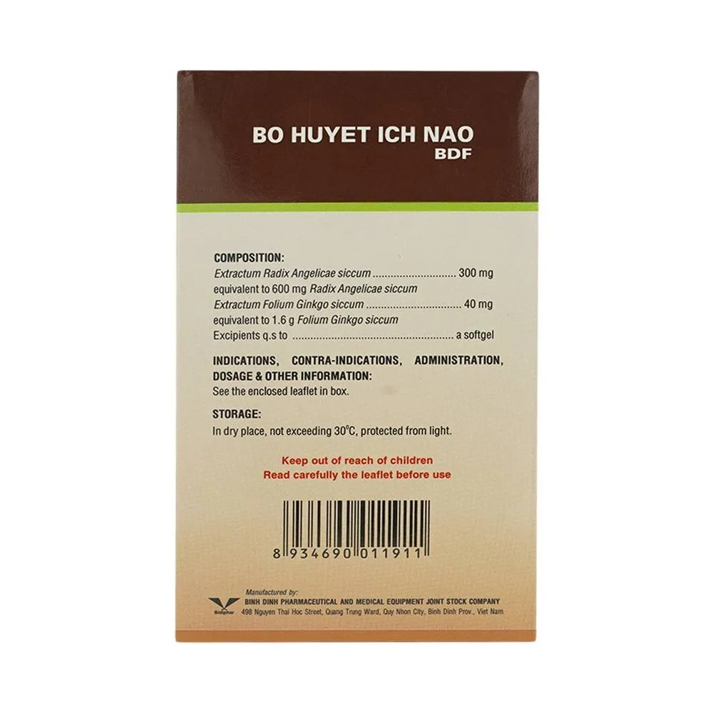 Hình ảnh Thuốc Bổ Huyết Ích Não Bidiphar điều trị giảm trị nhớ, kém tập trung, thiểu năng tuần hoàn não (6 vỉ x 10 viên)