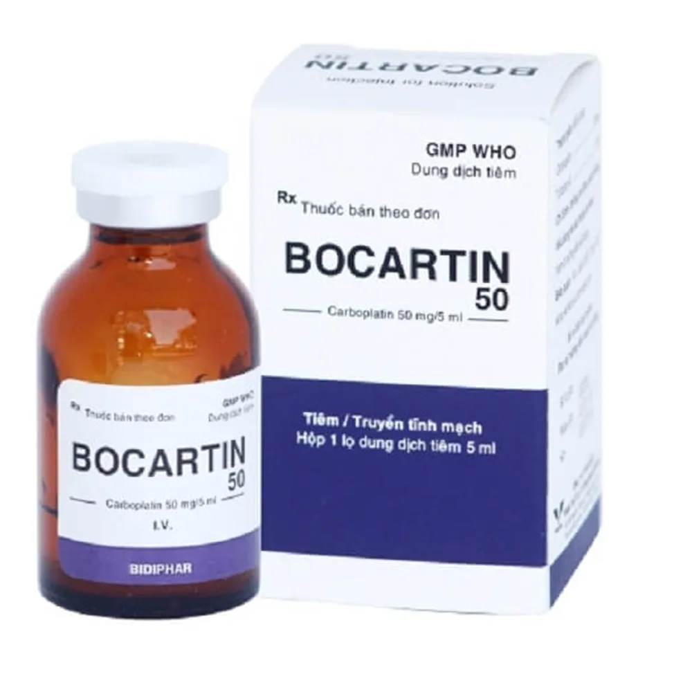 Hình ảnh Thuốc tiêm Bocartin 50 Carboplatin 50mg Bidiphar điều trị ung thư buồng trứng, ung thư phổi (1 lọ x 5ml)