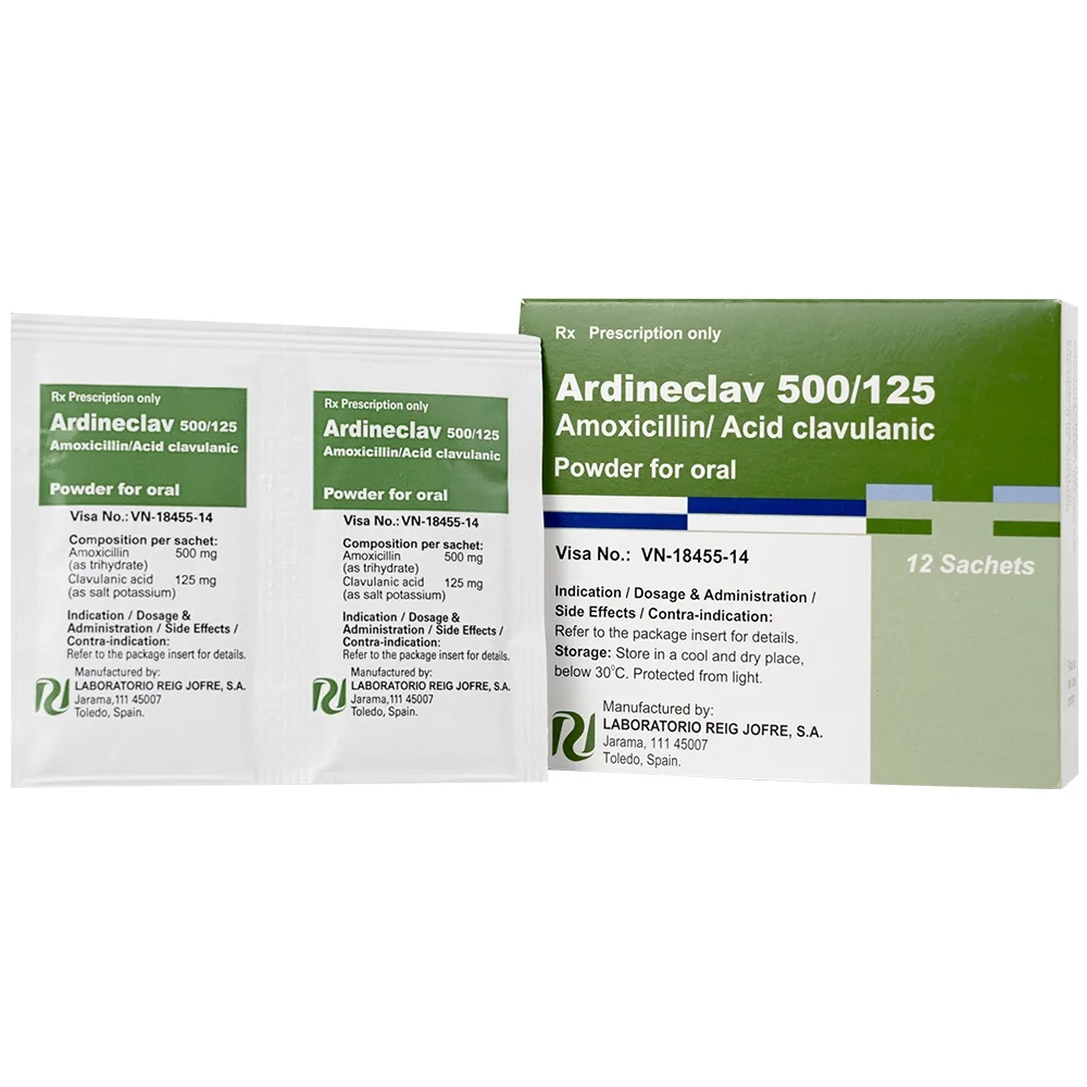 Hình ảnh Bột pha hỗn dịch uống Ardineclav 500/125 Laboratorio Reig Jofre điều trị ngắn ngày nhiễm khuẩn (12 gói)