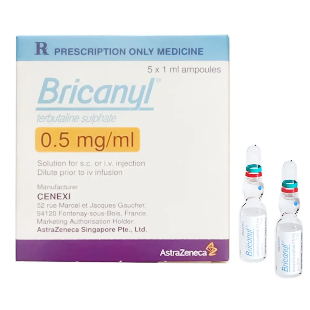 Hình ảnh Thuốc tiêm Bricanyl 0.5mg/ml Cenexi giảm co thắt trong hen phế quản, viêm phế quản mạn (5 ống x 1ml)