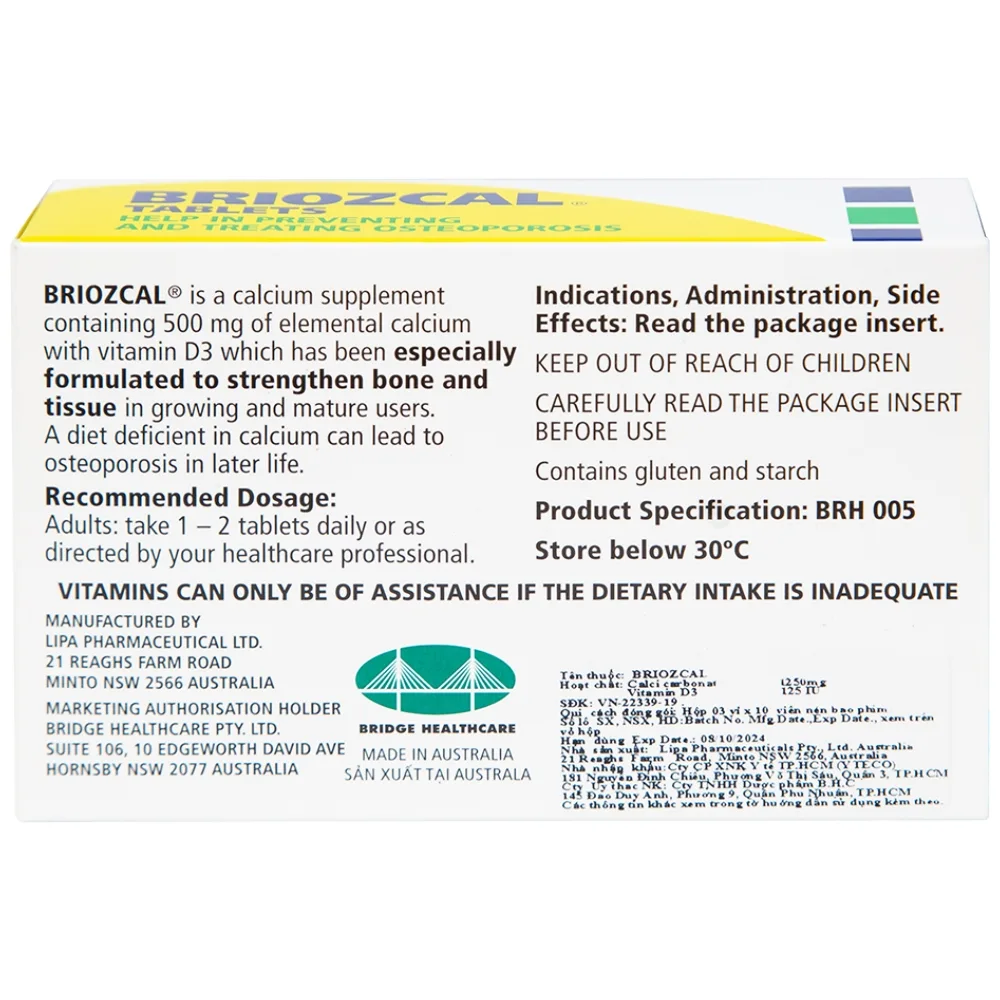 Hình ảnh Thuốc Briozcal Bridge Healthcare dự phòng và điều trị thiếu hụt calci, vitamin D3 (3 vỉ x 10 viên)