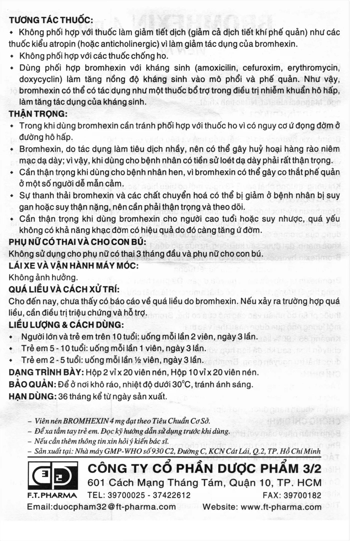 Hình ảnh Thuốc Bromhexin 4mg Dược 3-2 tan đàm trong viêm khí phế quản, viêm phế quản mạn tính (10 vỉ x 20 viên)