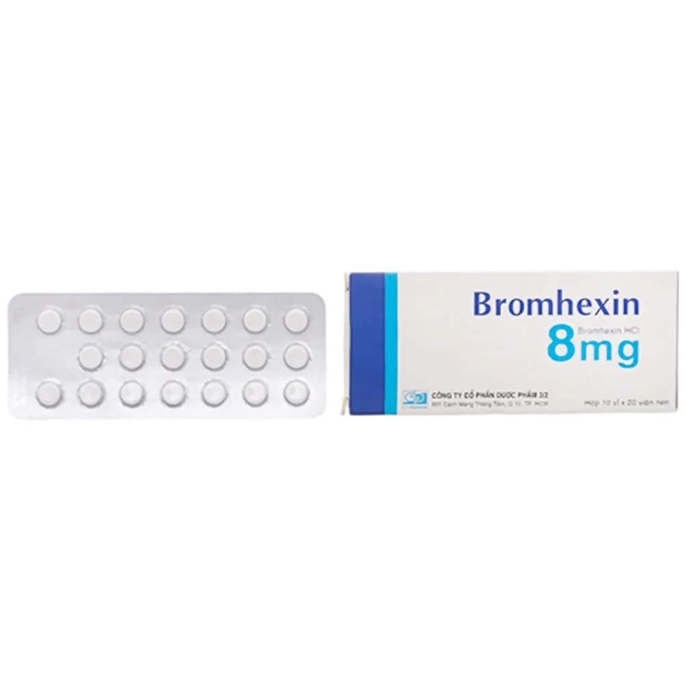 Hình ảnh Thuốc Bromhexin 8mg Dược 3-2 tan đàm trong viêm khí phế quản, viêm phế quản mạn tính (3 vỉ x 10 viên)