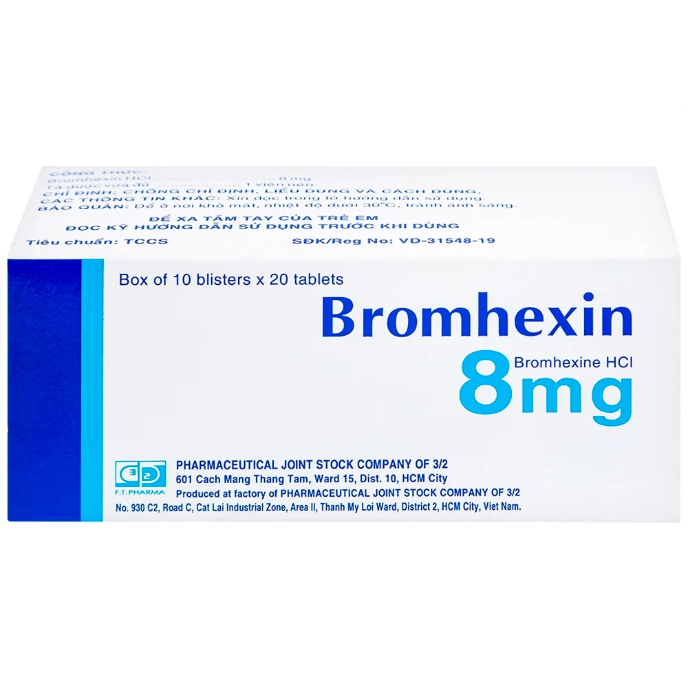 Hình ảnh Thuốc Bromhexin 8mg Dược 3-2 tan đàm trong viêm khí phế quản, viêm phế quản mạn tính (10 vỉ x 20 viên)