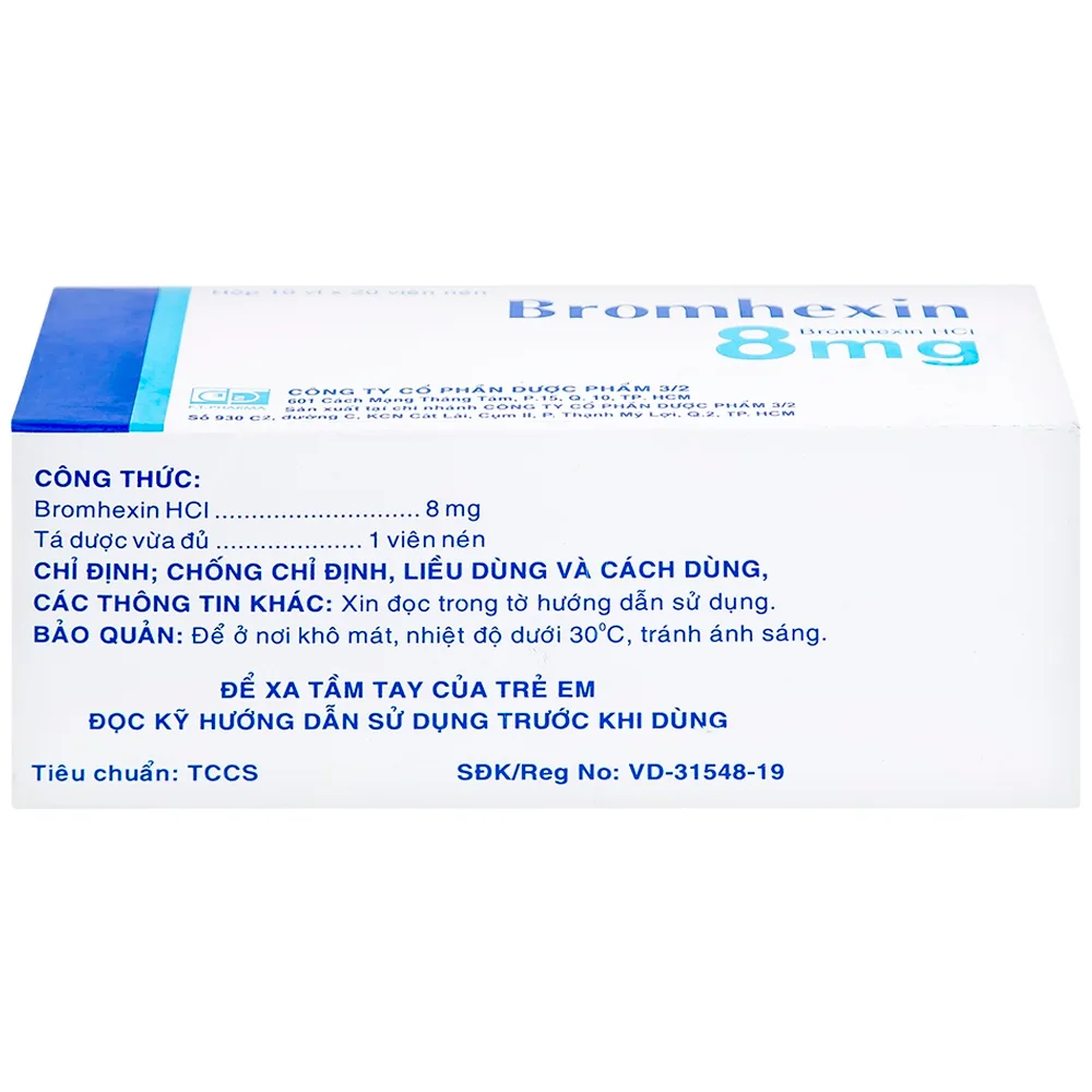 Hình ảnh Thuốc Bromhexin 8mg Dược 3-2 tan đàm trong viêm khí phế quản, viêm phế quản mạn tính (10 vỉ x 20 viên)