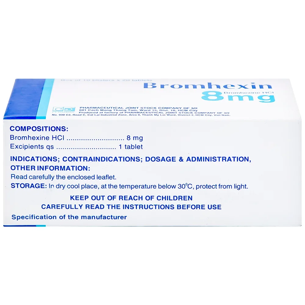 Hình ảnh Thuốc Bromhexin 8mg Dược 3-2 tan đàm trong viêm khí phế quản, viêm phế quản mạn tính (10 vỉ x 20 viên)