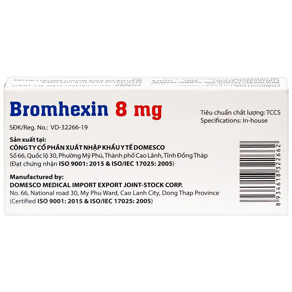 Hình ảnh Thuốc Bromhexin 8mg Domesco điều trị rối loạn tiết dịch phế quản trong viêm phế quản cấp tính (3 vỉ x 10 viên)