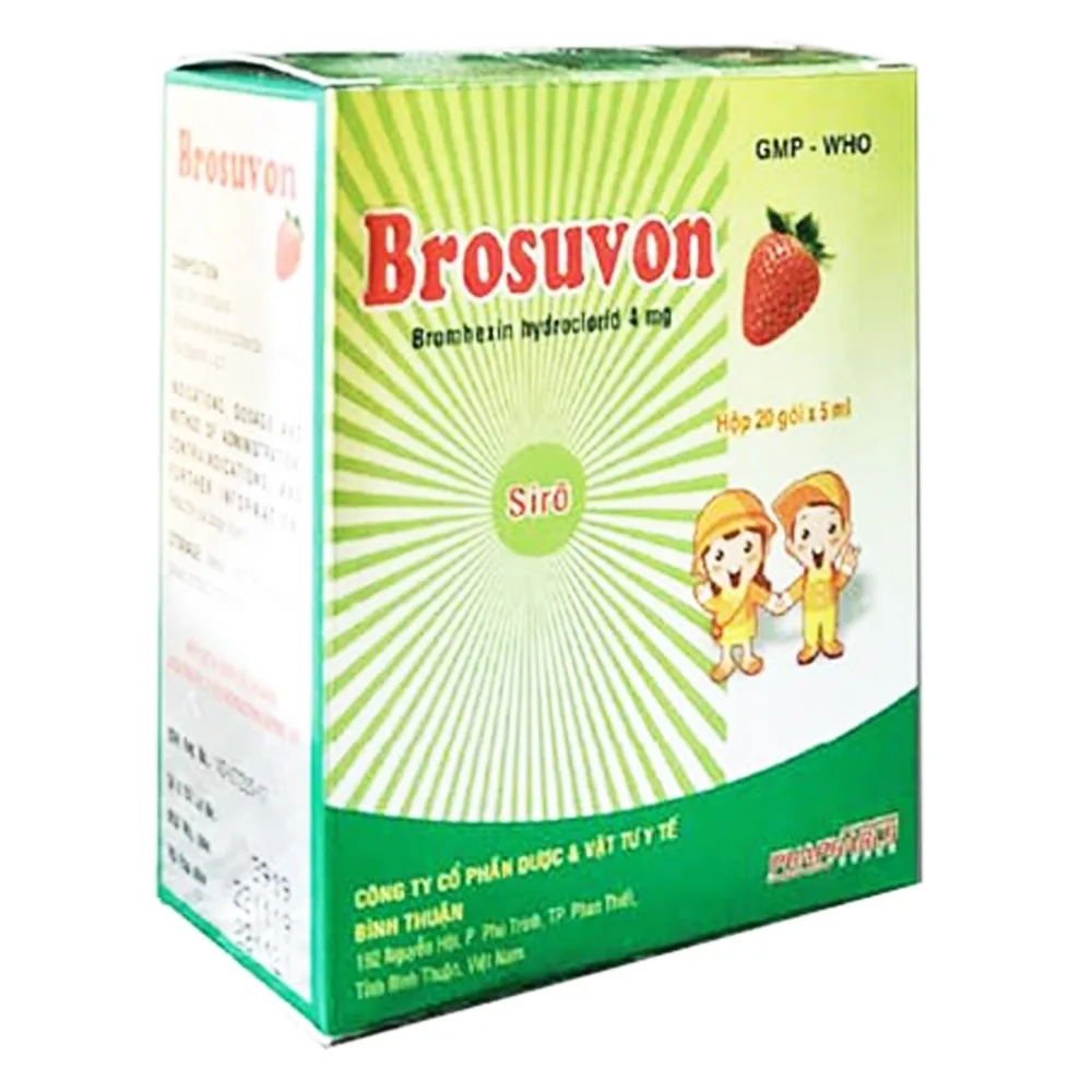 Hình ảnh Siro Brosuvon 4mg Bình Thuận làm loãng đờm trong viêm phế quản cấp và mạn tính (20 gói x 15ml)