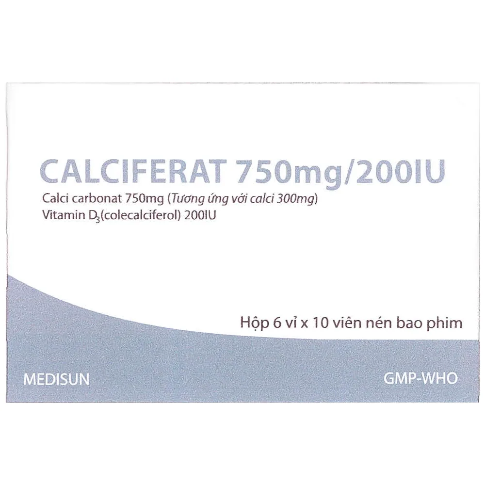 Hình ảnh Thuốc Calciferat 750mg/200iu Medisun phòng và điều trị loãng xương, thiếu hụt calci và vitamin D (6 vỉ x 10 viên)