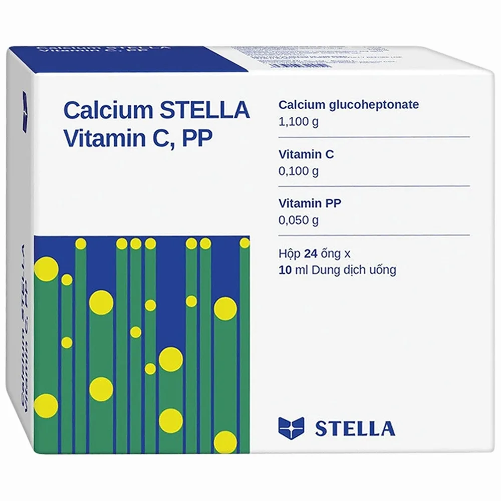 Hình ảnh Dung dịch uống Calcium Stella Vitamin C, PP điều trị còi xương và bổ sung canxi (3 vỉ x 8 ống x 10ml)
