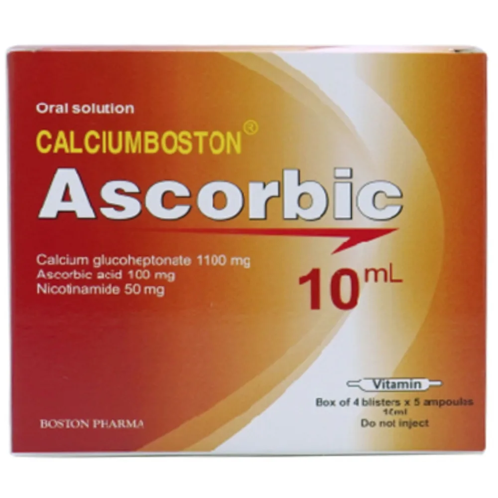 Hình ảnh Dung dịch uống Calciumboston Ascorbic Boston điều trị thiếu vitamin C và Vitamin PP (4 vỉ x 5 ống)