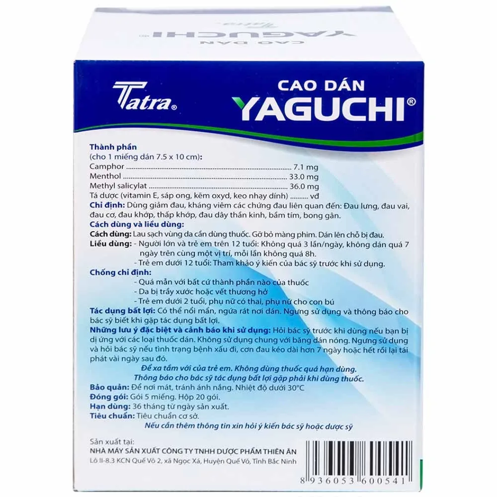 Hình ảnh Cao dán Yaguchi Tatra giảm đau, kháng viêm trong các cơn đau vai, đau lưng (5 miếng)
