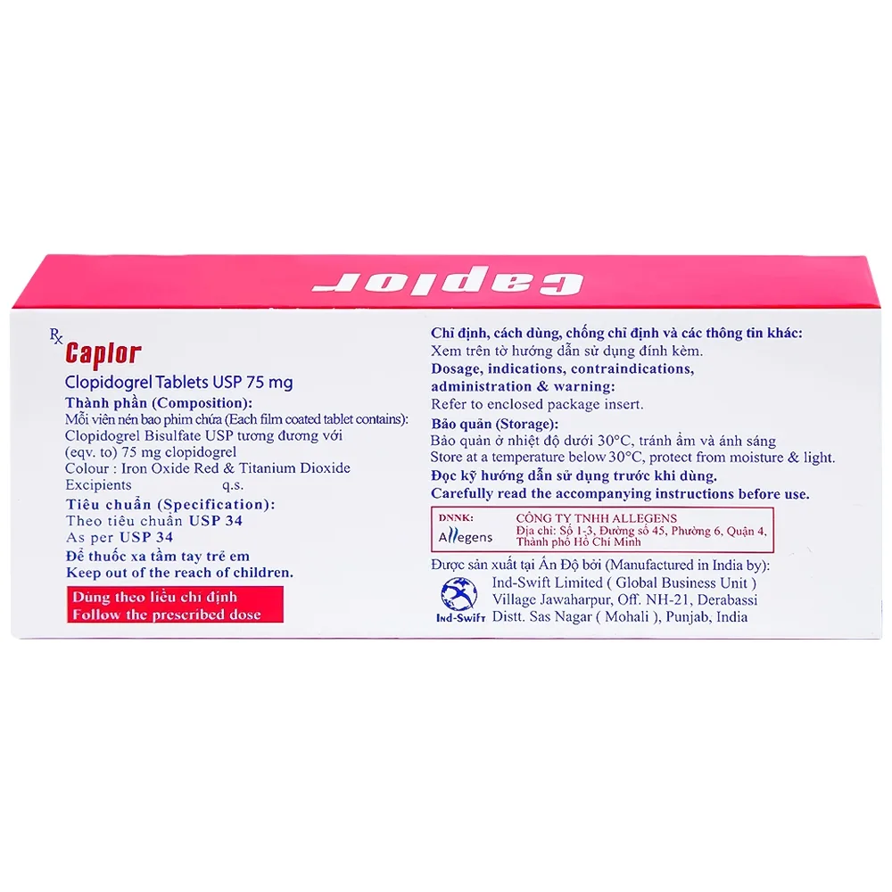 Hình ảnh Thuốc Caplor 75mg INd-Swift giảm huyết khối tắc mạch (3 vỉ x 10 viên)