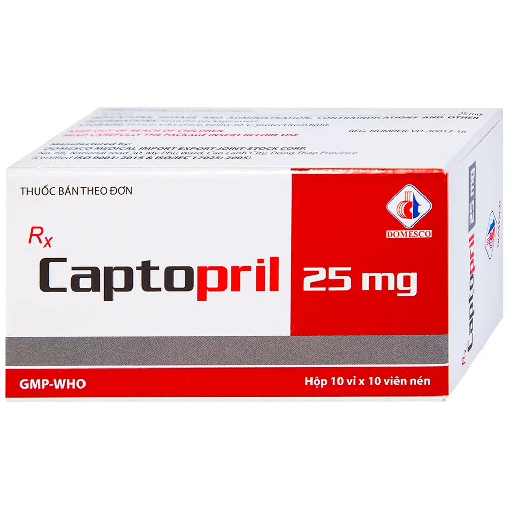 Hình ảnh Thuốc Captopril 25mg Domesco điều trị tăng huyết áp, suy tim, nhồi máu cơ tim (10 vỉ x 10 viên) 