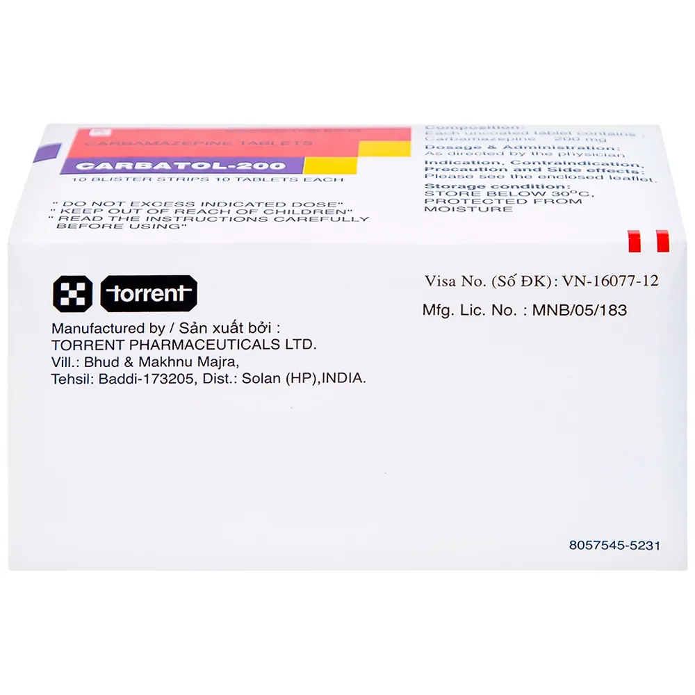 Hình ảnh Thuốc Carbatol 200 Torrent điều trị bệnh động kinh cục bộ (10 vỉ x 10 viên)