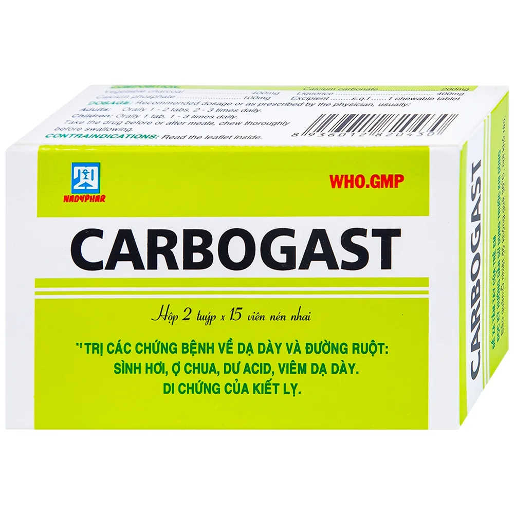 Hình ảnh Viên nhai Carbogast Nadyphar điều trị bệnh dạ dày và đường ruột, di chứng của kiết lỵ (2 tuýp x 15 viên) 