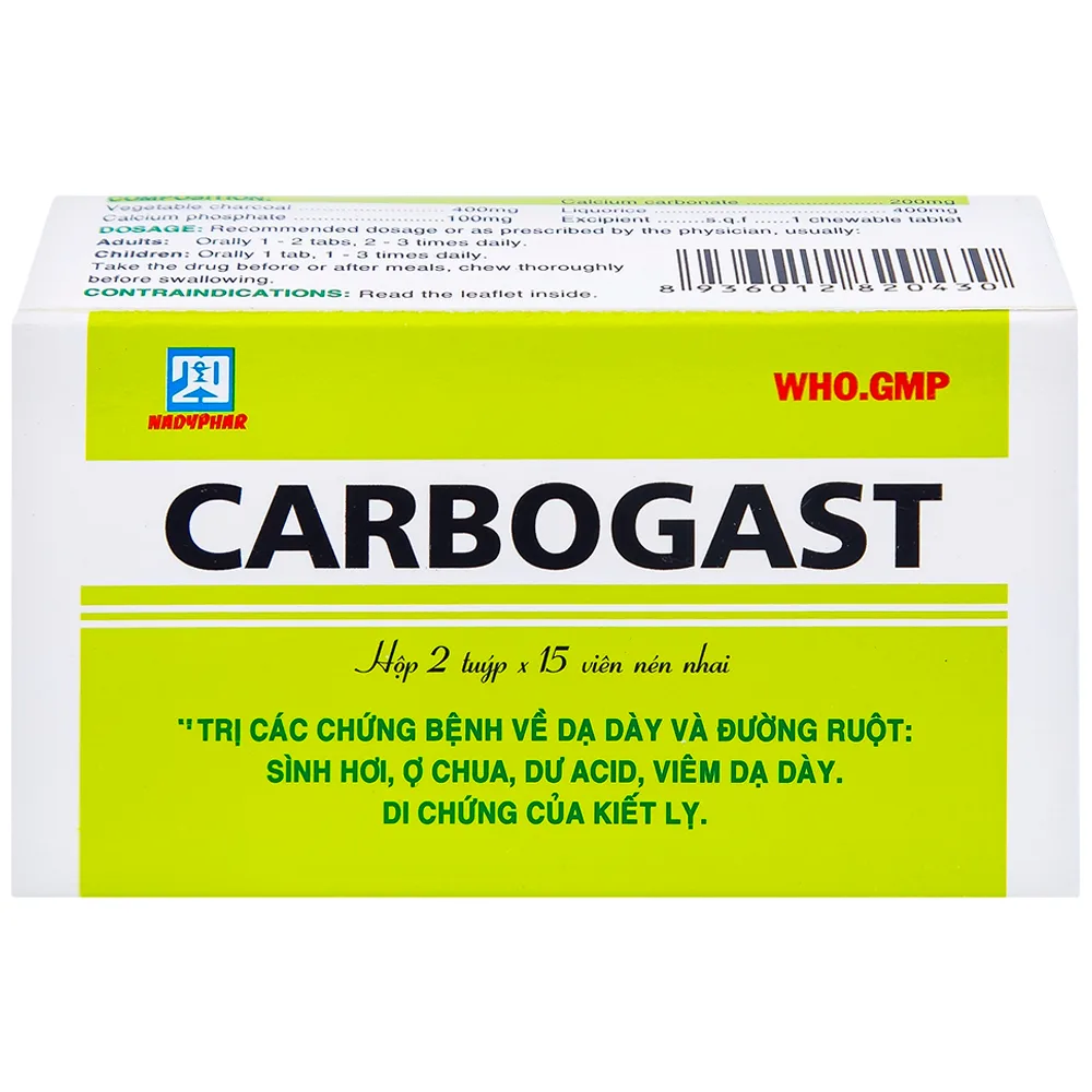 Hình ảnh Viên nhai Carbogast Nadyphar điều trị bệnh dạ dày và đường ruột, di chứng của kiết lỵ (2 tuýp x 15 viên) 