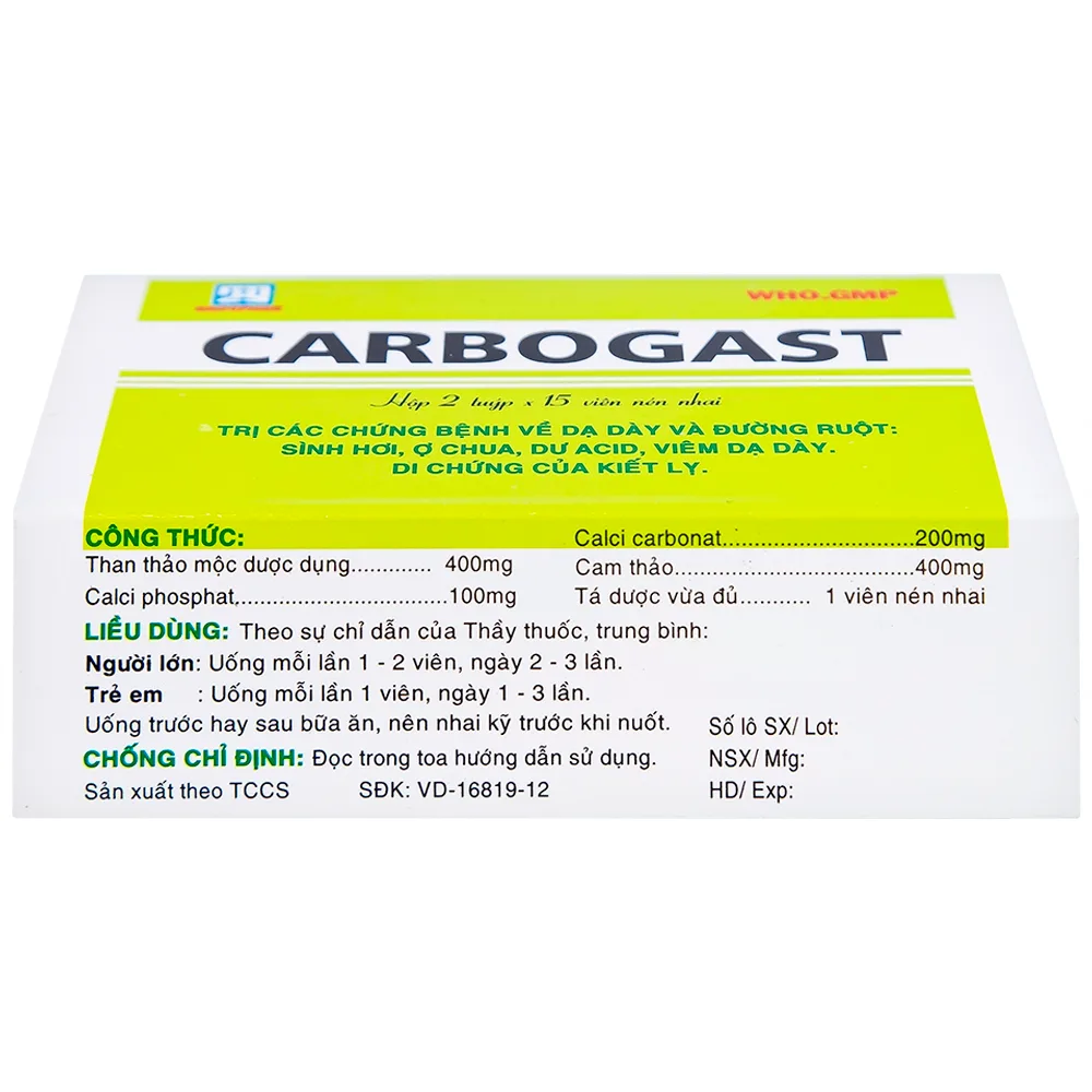 Hình ảnh Viên nhai Carbogast Nadyphar điều trị bệnh dạ dày và đường ruột, di chứng của kiết lỵ (2 tuýp x 15 viên) 