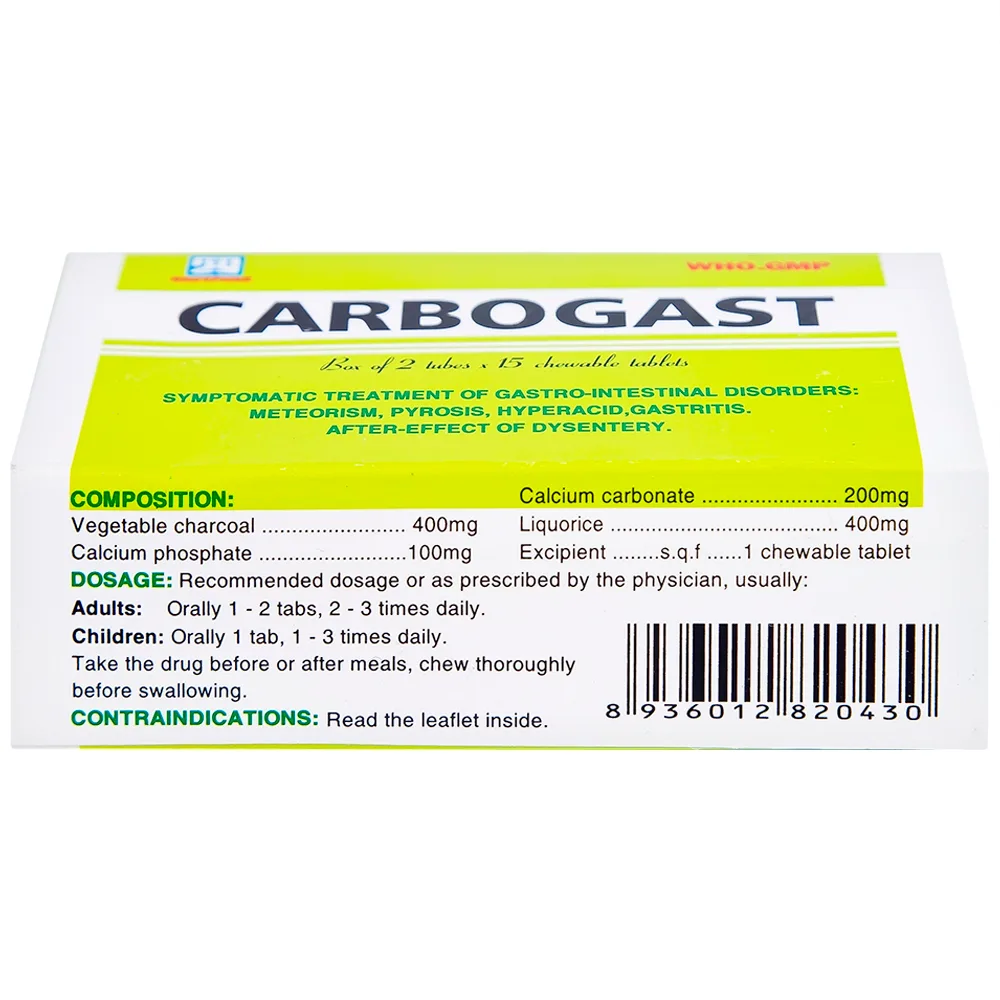 Hình ảnh Viên nhai Carbogast Nadyphar điều trị bệnh dạ dày và đường ruột, di chứng của kiết lỵ (2 tuýp x 15 viên) 