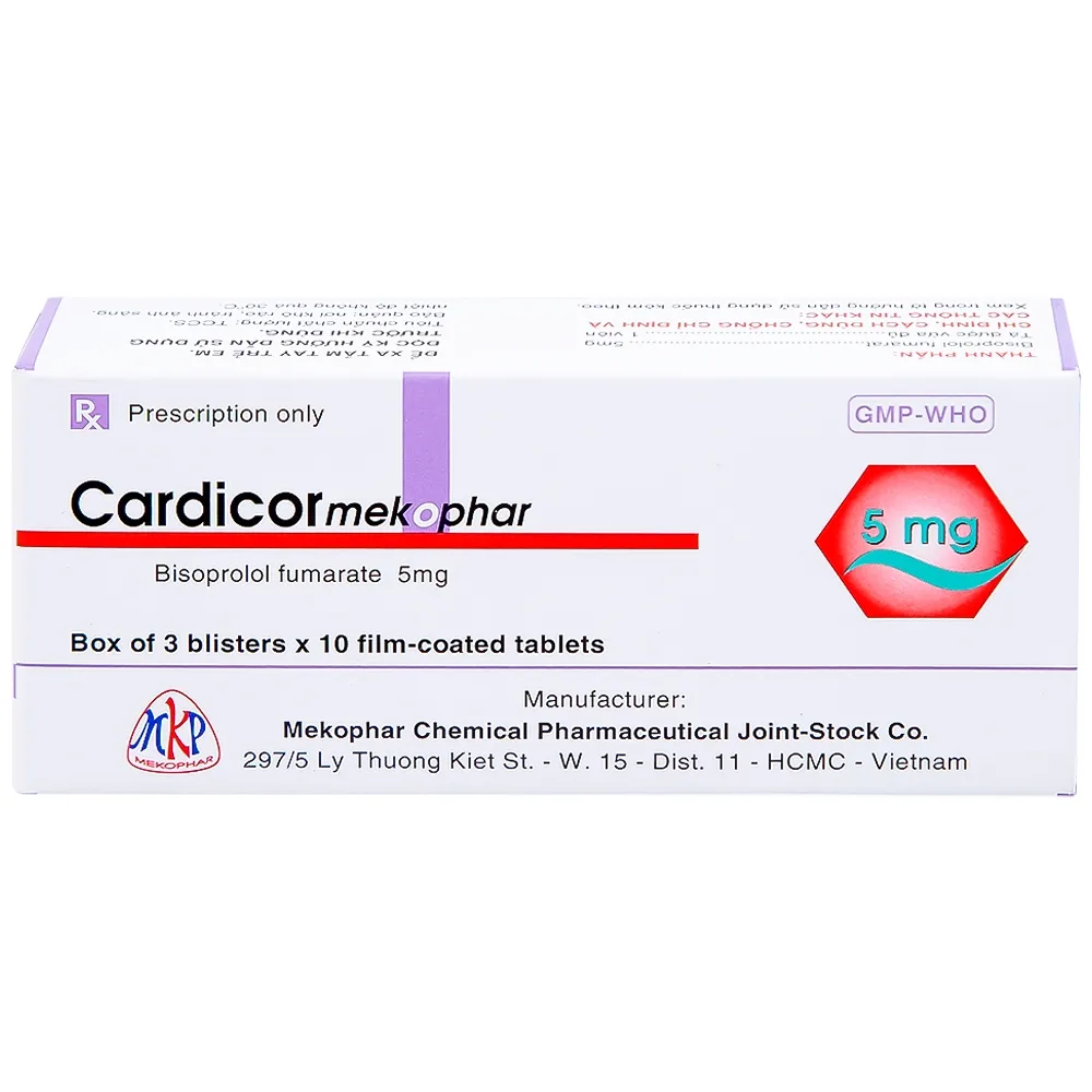 Hình ảnh Thuốc Cardicor Mekophar 5 điều trị cao huyết áp, đau thắt ngực (3 vỉ x 10 viên)