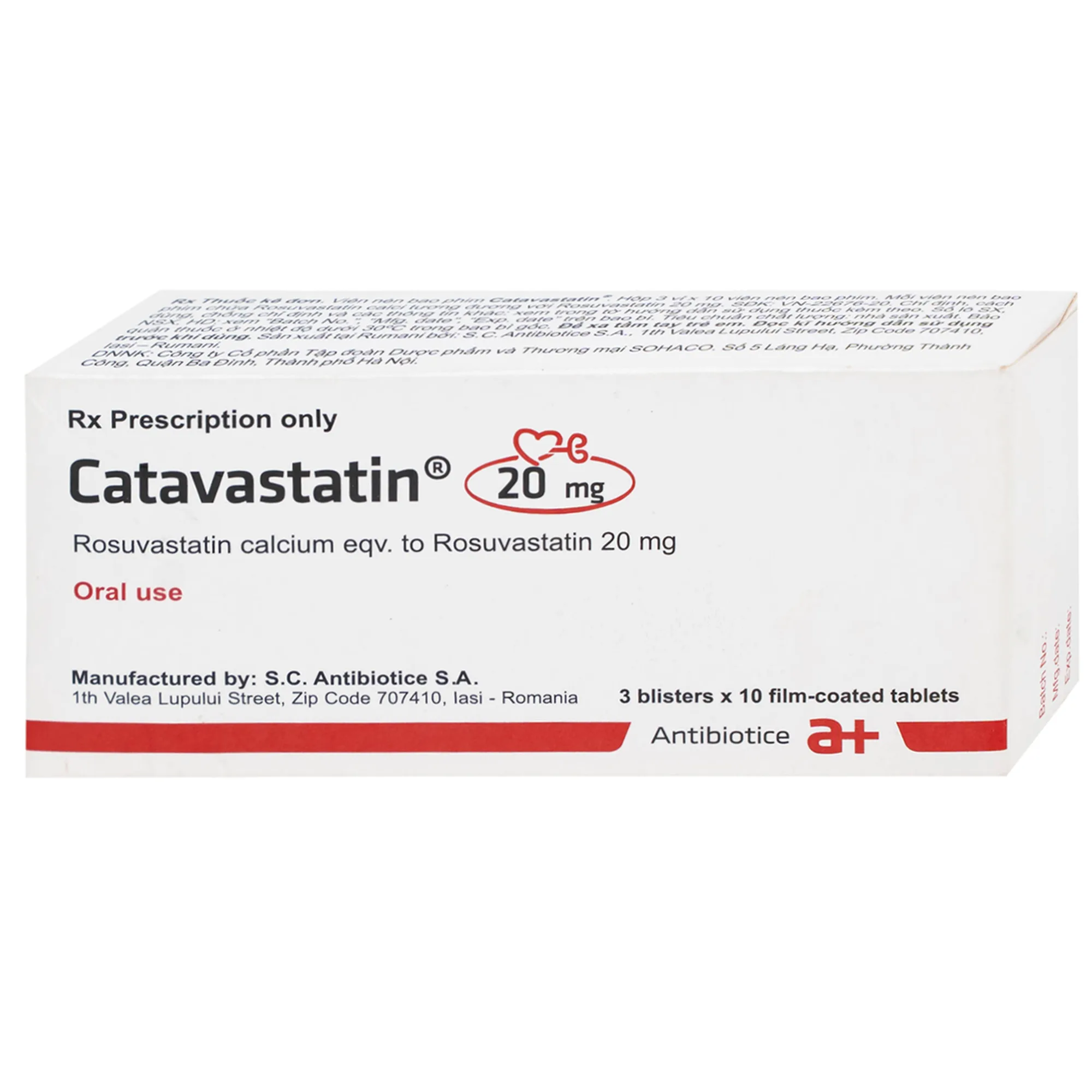 Hình ảnh Thuốc Catavastatin 20mg Antibiotice điều trị tăng cholesterol máu và phòng ngừa biến cố tim mạch (3 vỉ x 10 viên)