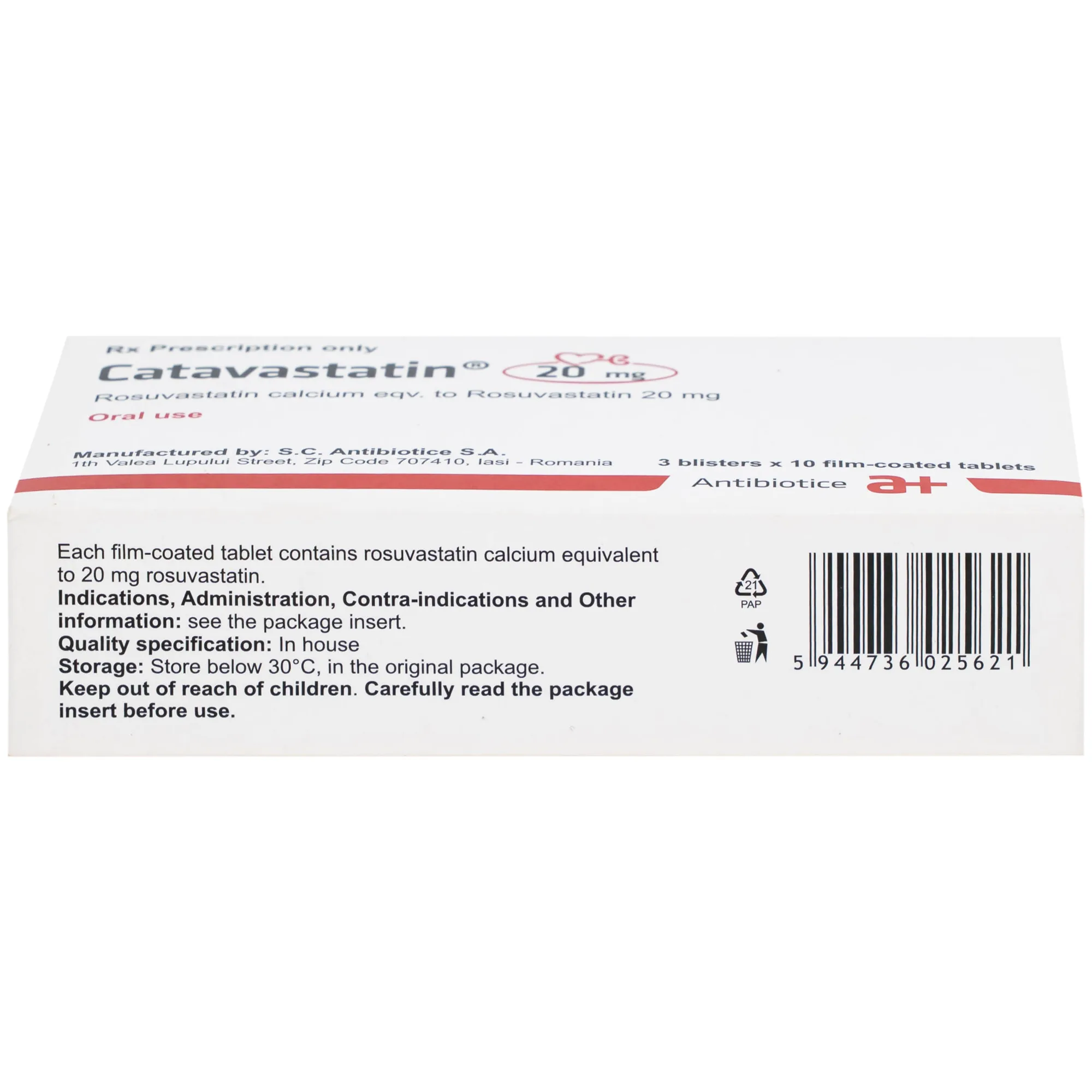 Hình ảnh Thuốc Catavastatin 20mg Antibiotice điều trị tăng cholesterol máu và phòng ngừa biến cố tim mạch (3 vỉ x 10 viên)