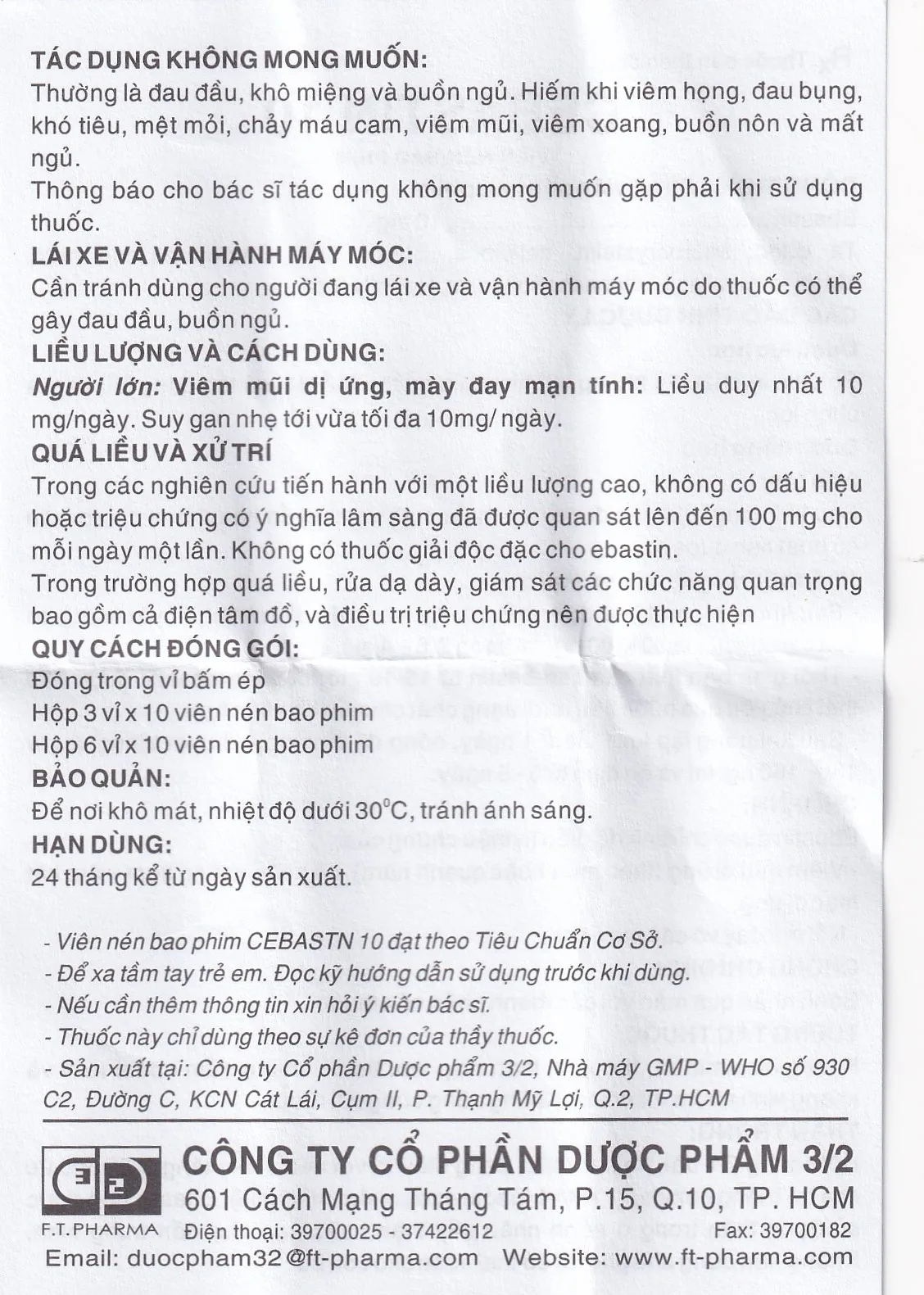 Hình ảnh Thuốc Cebastin10 Dược 3-2 điều trị viêm mũi dị ứng, mày đay (3 vỉ x 10 viên) 