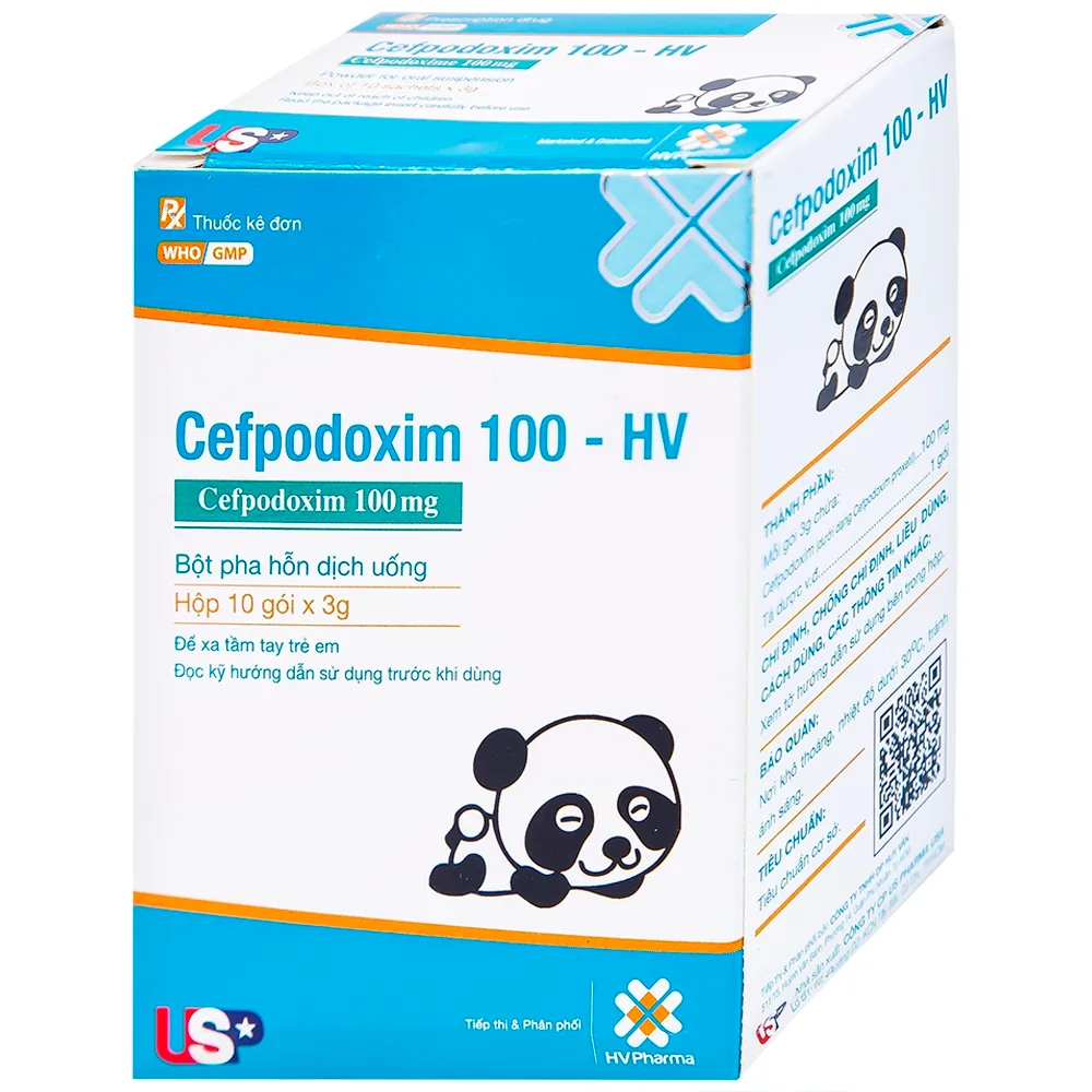 Hình ảnh Bột pha hỗn dịch uống Cefpodoxim 100-HV USP điều trị nhiễm khuẩn (10 gói x 3g)