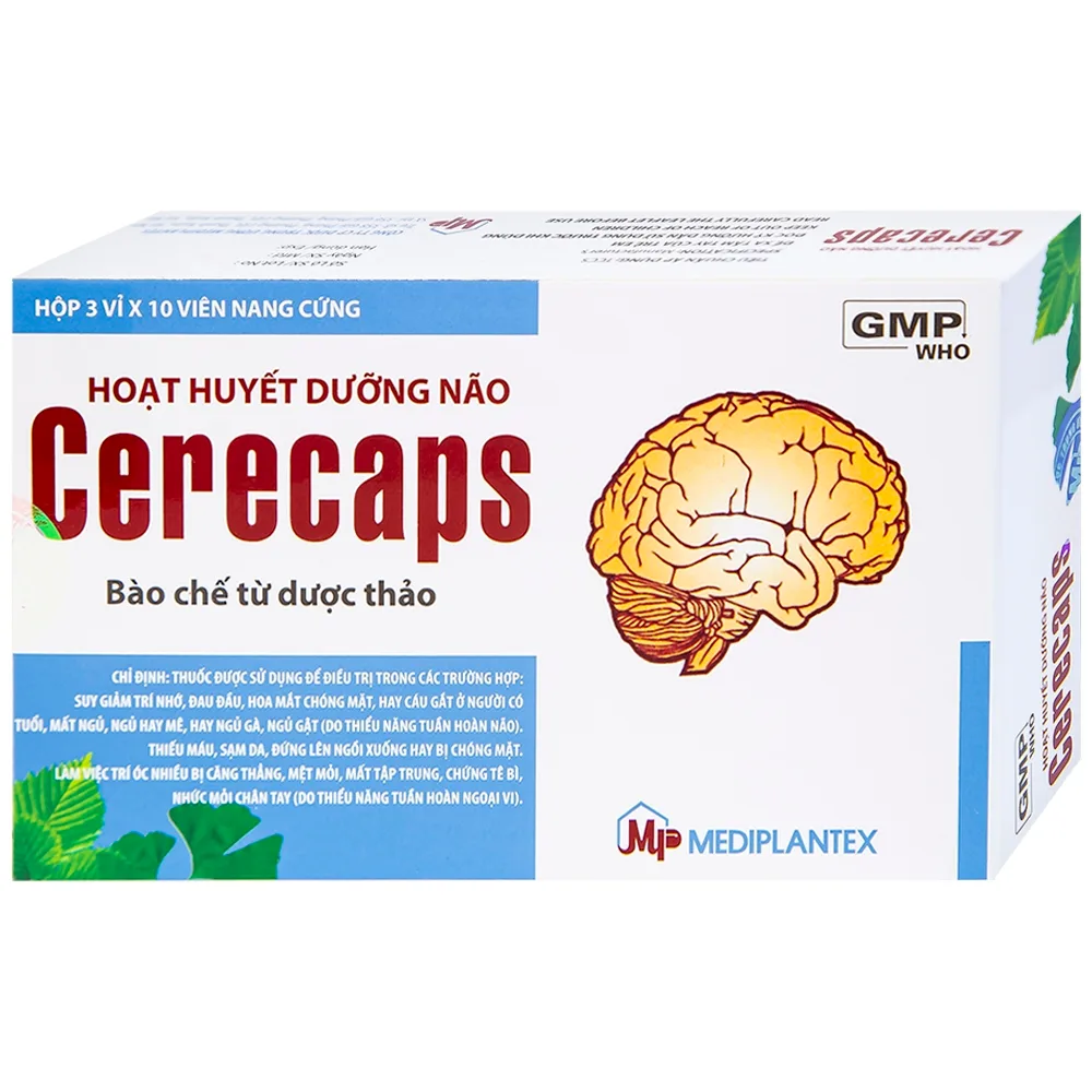 Hình ảnh Hoạt huyết dưỡng não Cerecaps Mediplantex điều trị suy giảm trí nhớ, đau đầu (3 vỉ x 10 viên)