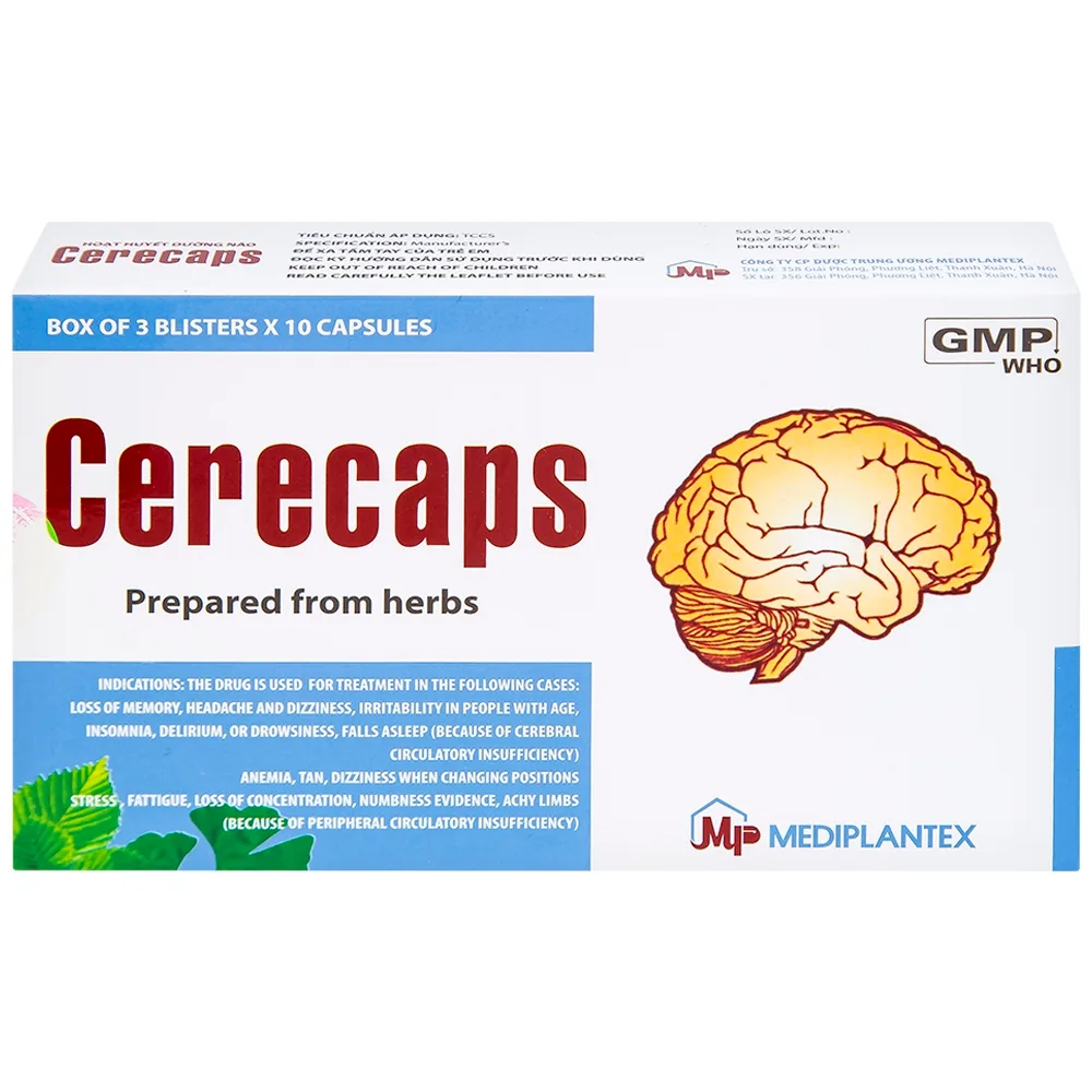 Hình ảnh Hoạt huyết dưỡng não Cerecaps Mediplantex điều trị suy giảm trí nhớ, đau đầu (3 vỉ x 10 viên)