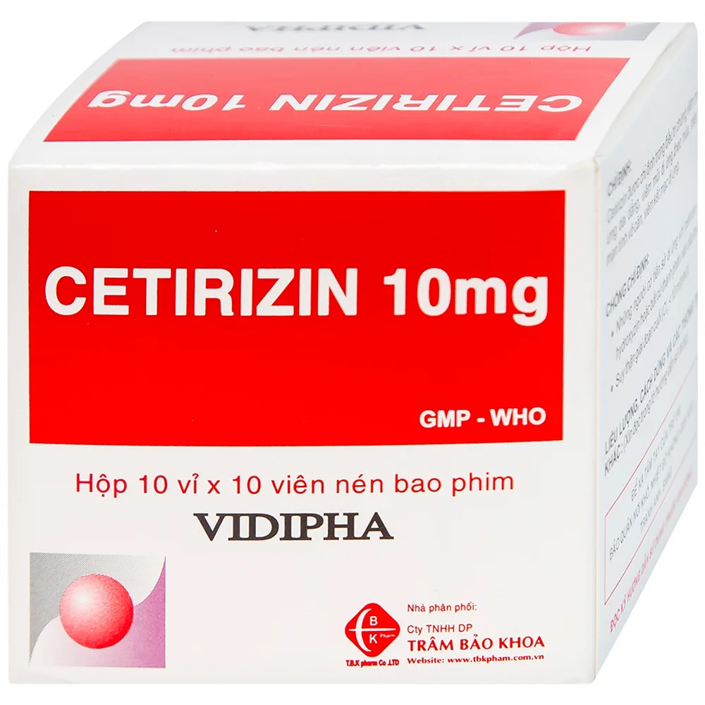Hình ảnh Thuốc Cetirizin 10mg Vidipha điều trị triệu chứng viêm mũi dị ứng, mày đay (10 vỉ x 10 viên)